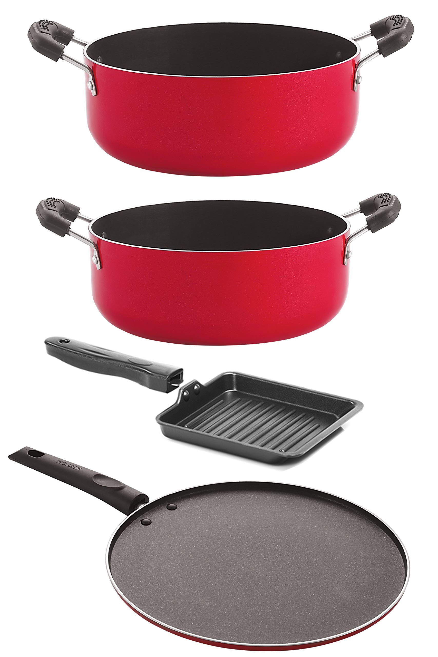 Nirlon NonStick ChemicalFree Aluminium Healthy Kitchenware, Standard Size, Red And Black Set Of 4 Piece (Cs22_St12_Sgp_Cs24)