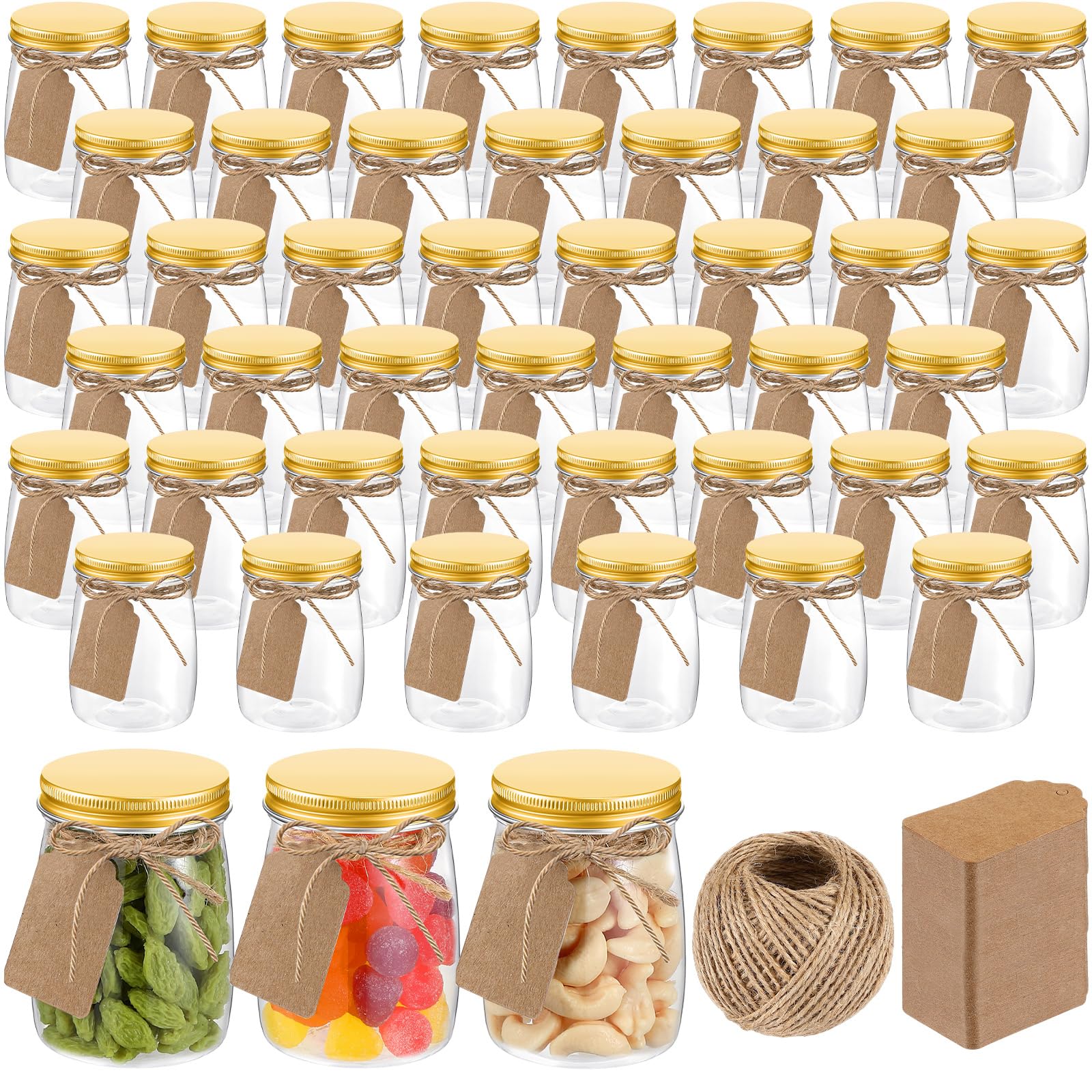 Nitial 50 Pack 5 oz Plastic Jars with Lids Bulk Yogurt Containers with Lids Gift Jars with DIY Craft Twine and Labels Gifts for 