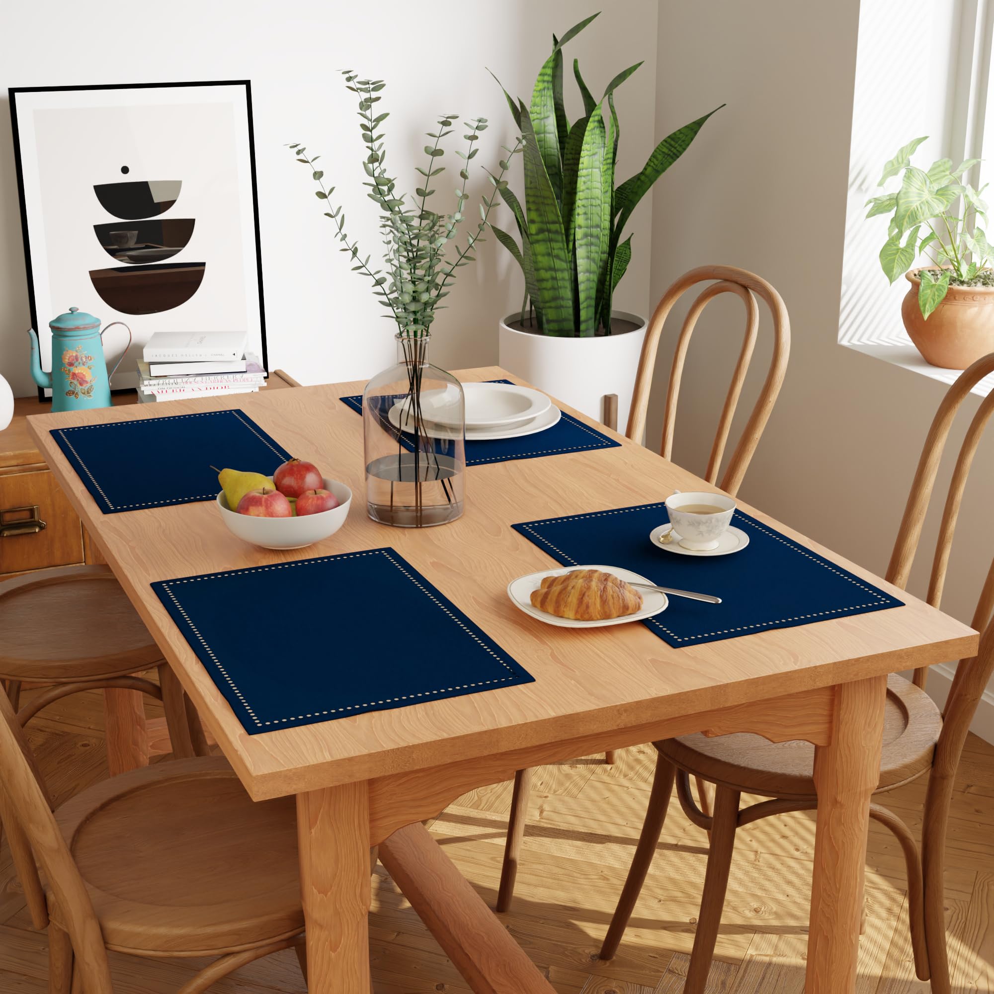 Encasa Xo Placemats Set Of 4 | Pure Cotton Hemstitched Design | Scotch Blue | Rectangular 19''X13'' - Dining Table Mat | Machine