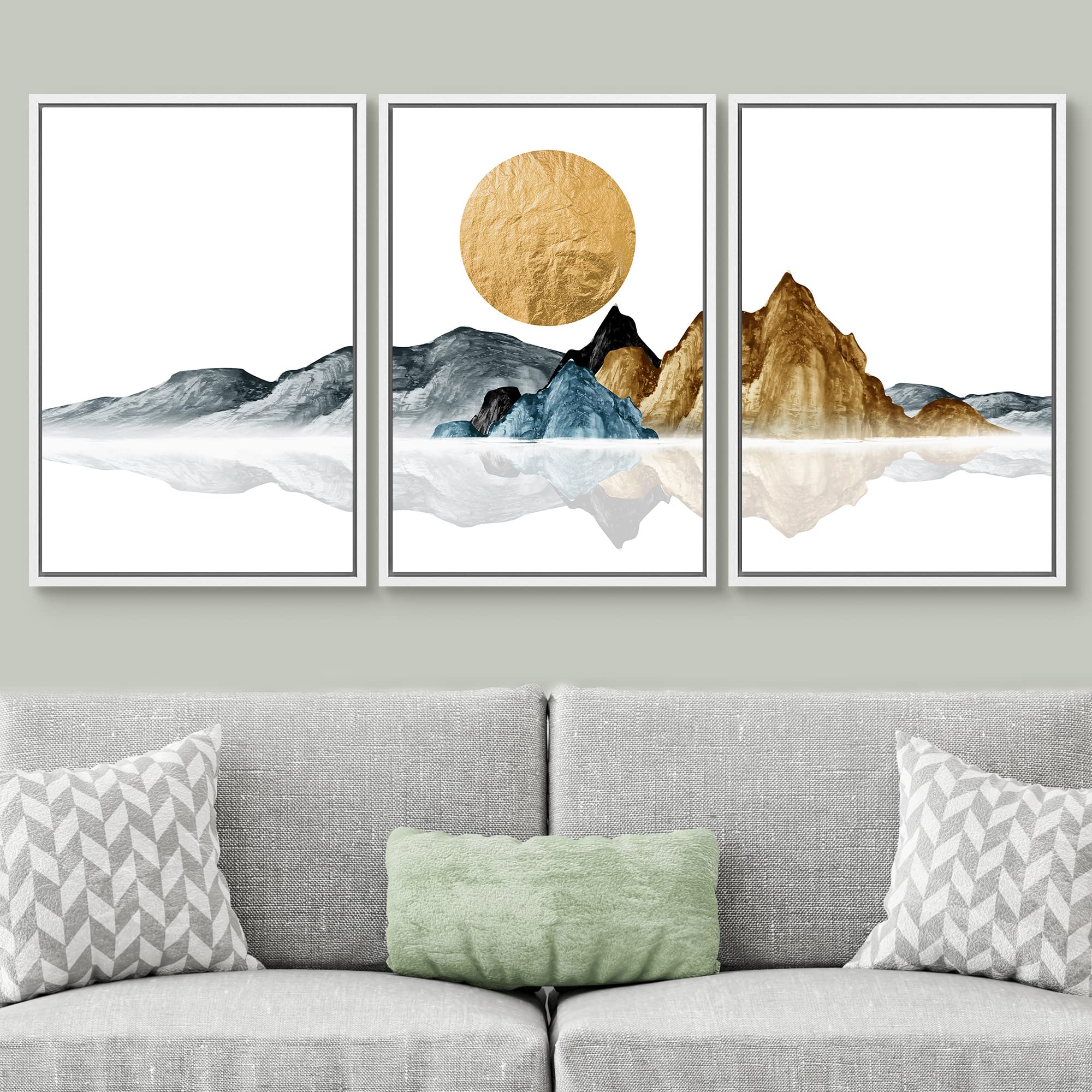 Signwin Framed Canvas Print Wall Art Set Gold Teal Mountain Range Landscape Nature Wilderness Illustrations Modern Art Decorativ