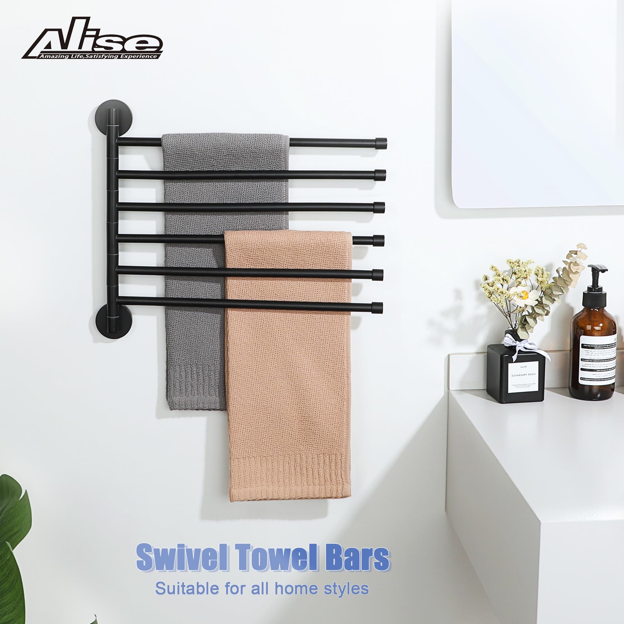Alise Swivel Towel Rack Folding 6 Arms Hand Towel Bars Towel Hanger for Bathroom Wall Mount Drying Racks for Laundry SUS304 Stainless Steel Swing Out Towel Holder Storage Space Saving Matte Black