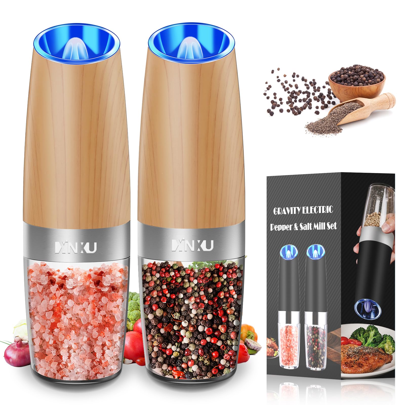Xinxu Gravity Electric Salt And Pepper Grinder Set, Automatic Mill Grinder Shaker,Battery-Operated, Adjustable Coarseness, Stain