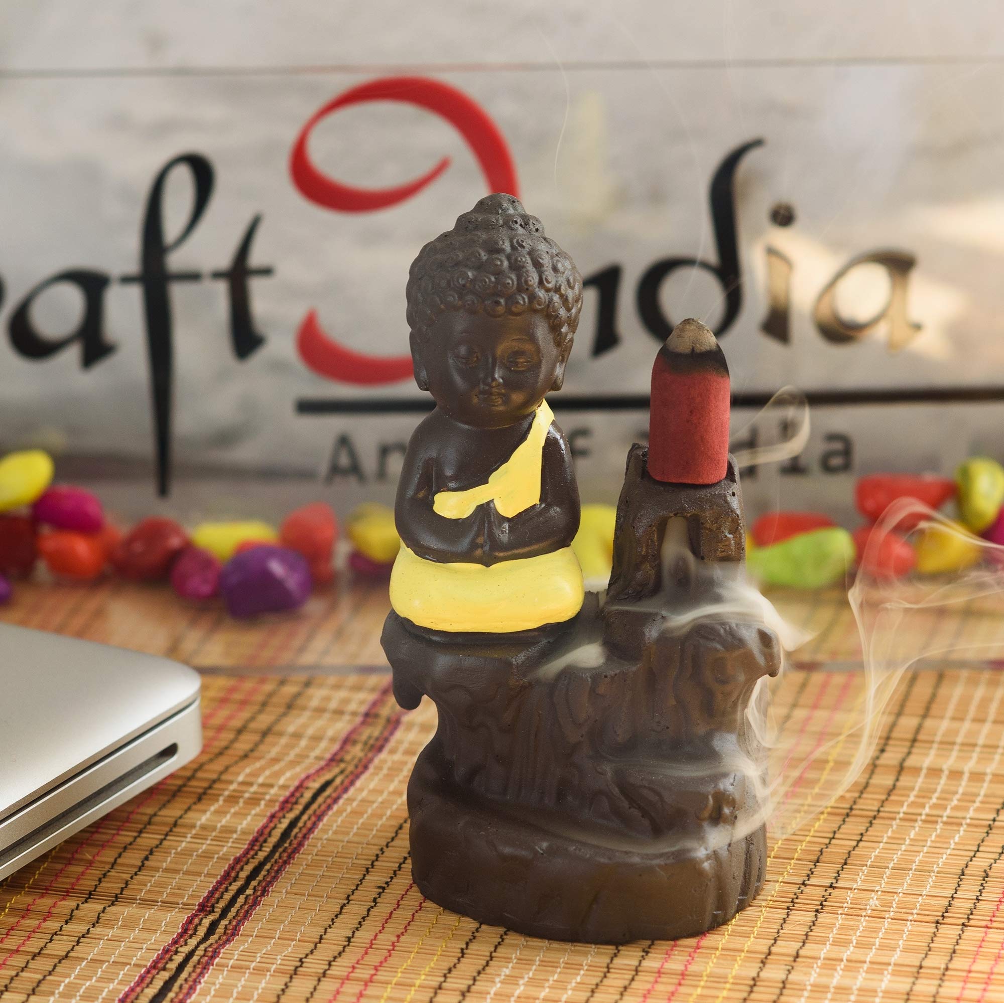 eCraftIndia Meditating Monk Buddha Smoke Backflow Cone Decorative Incense Holder (7 cm x 7 cm x 12, Yellow)