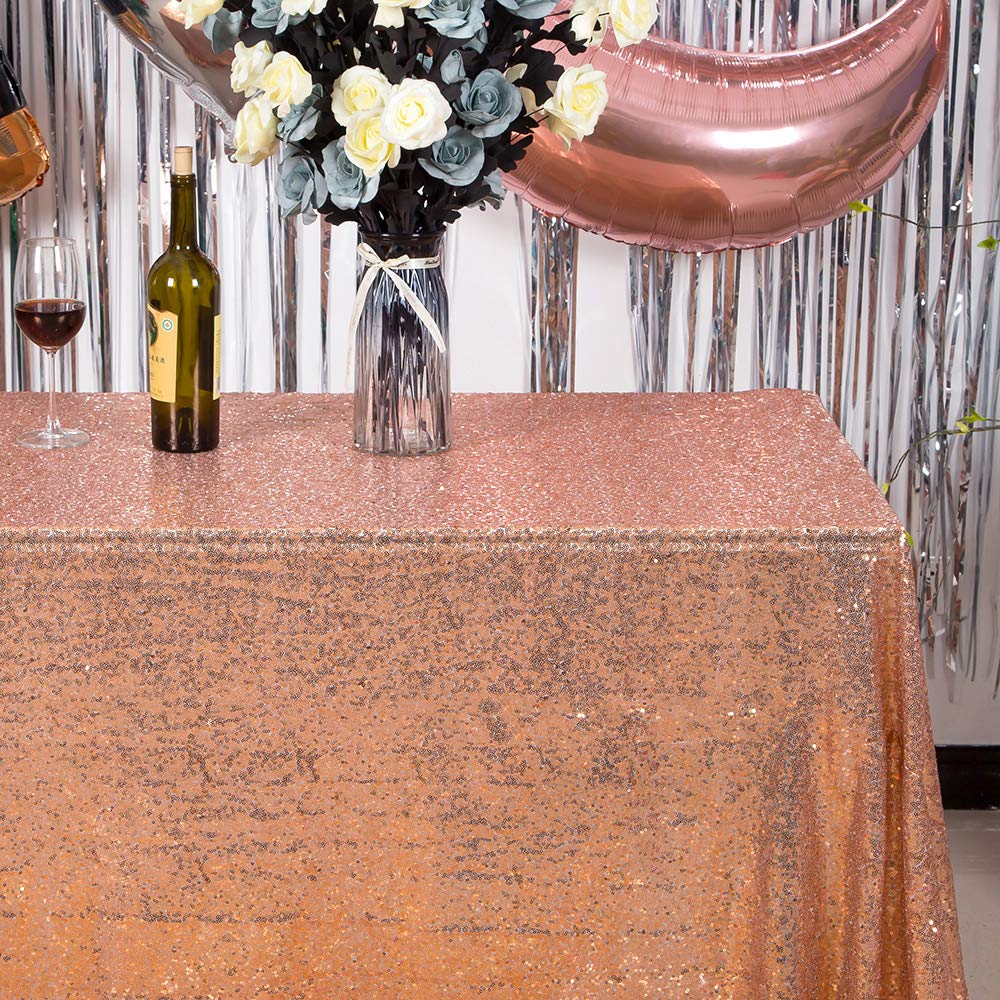 Jyflzq Rose Gold Sequin Tablecloth 50 X 80 Rose Gold Glitter Table Cloths Rectangular Sparkly Table Cover Overlay For Wedding Bi