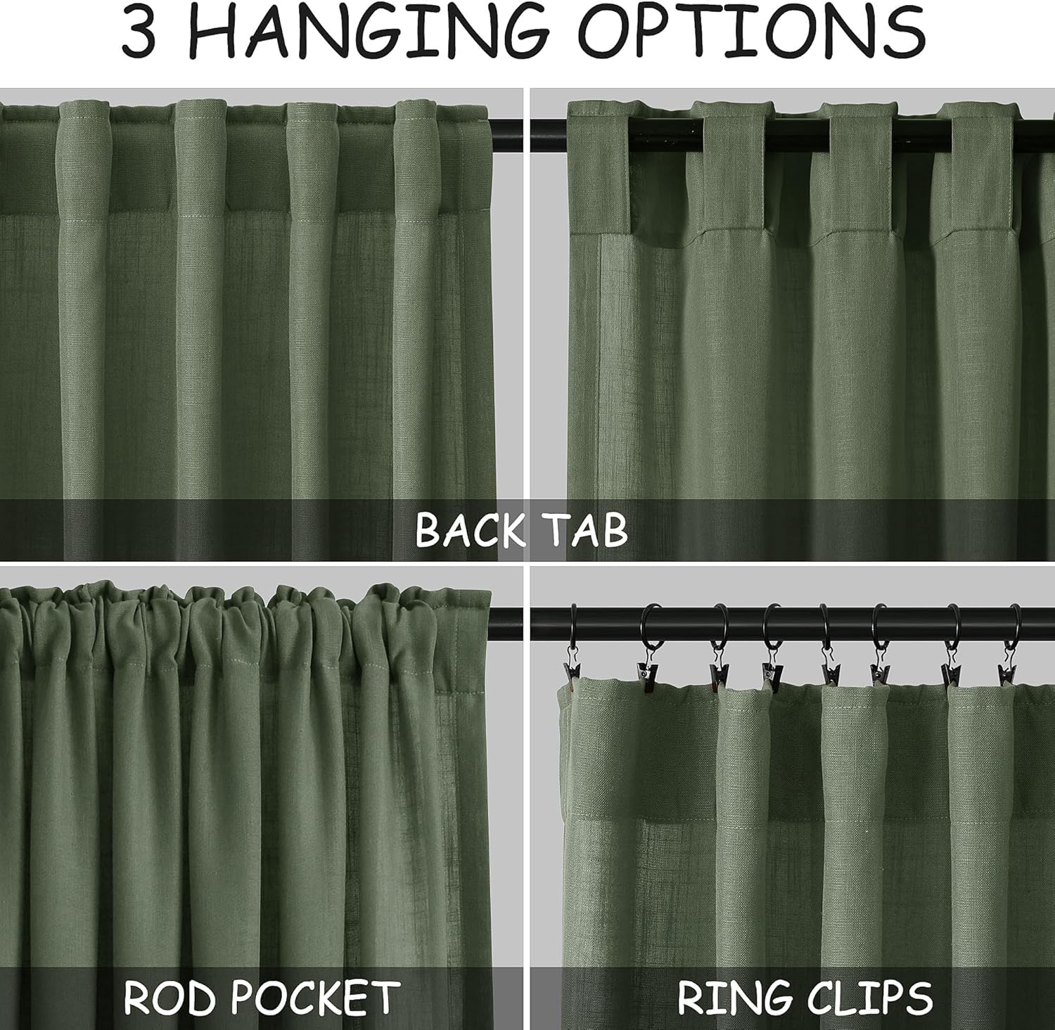 Nanspring Short Linen Cafe Curtains 36 Inch Length for Kitchen Windows Over Sink Olive Green Semi Sheer Curtains Back Tab Rod Po