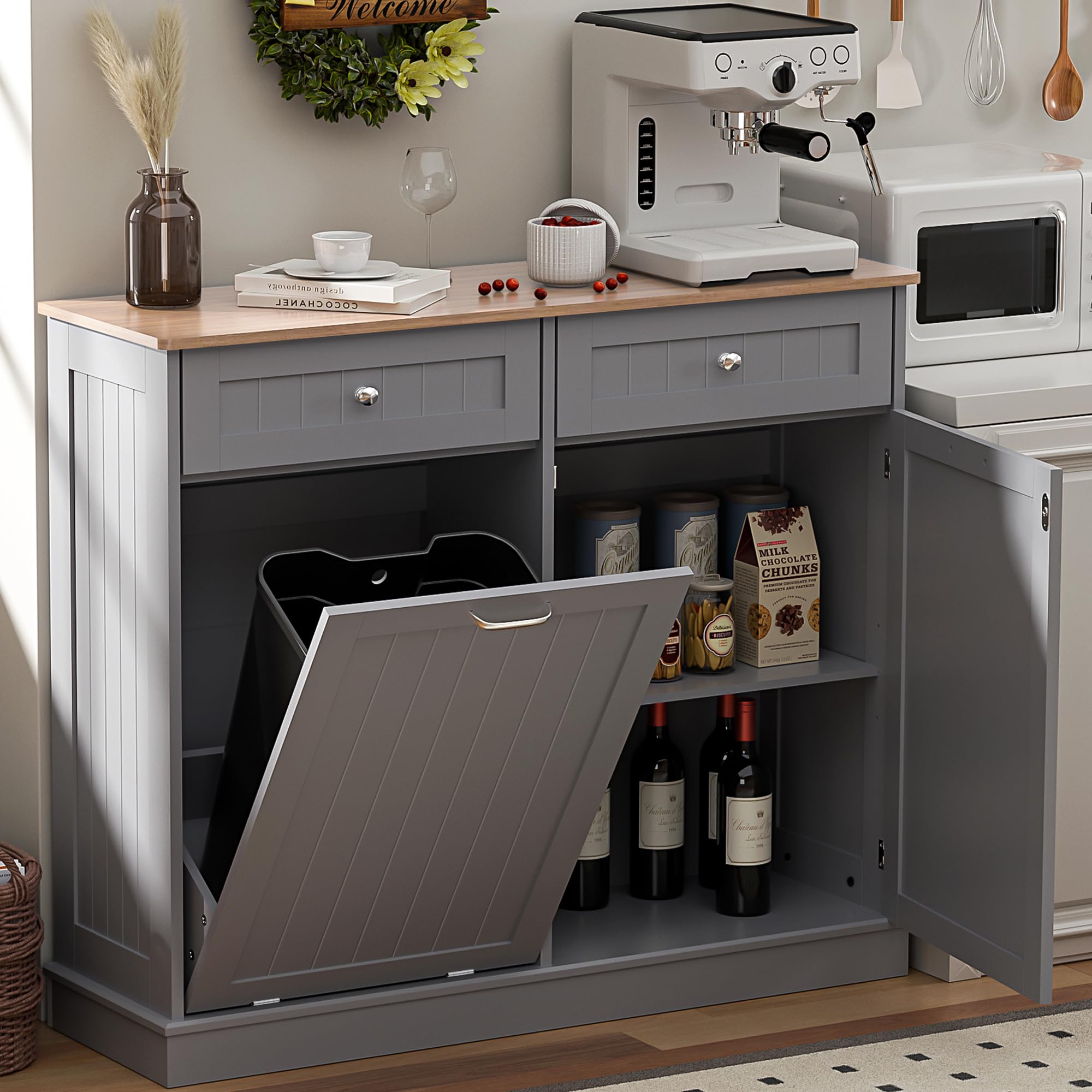 Spurgehom Dual Door Tilt Out Trash Can Cabinet,Laundry Hamper Trash Cabinet Kitchen Waste Bins Pull Out With Hideaway Drawer,13