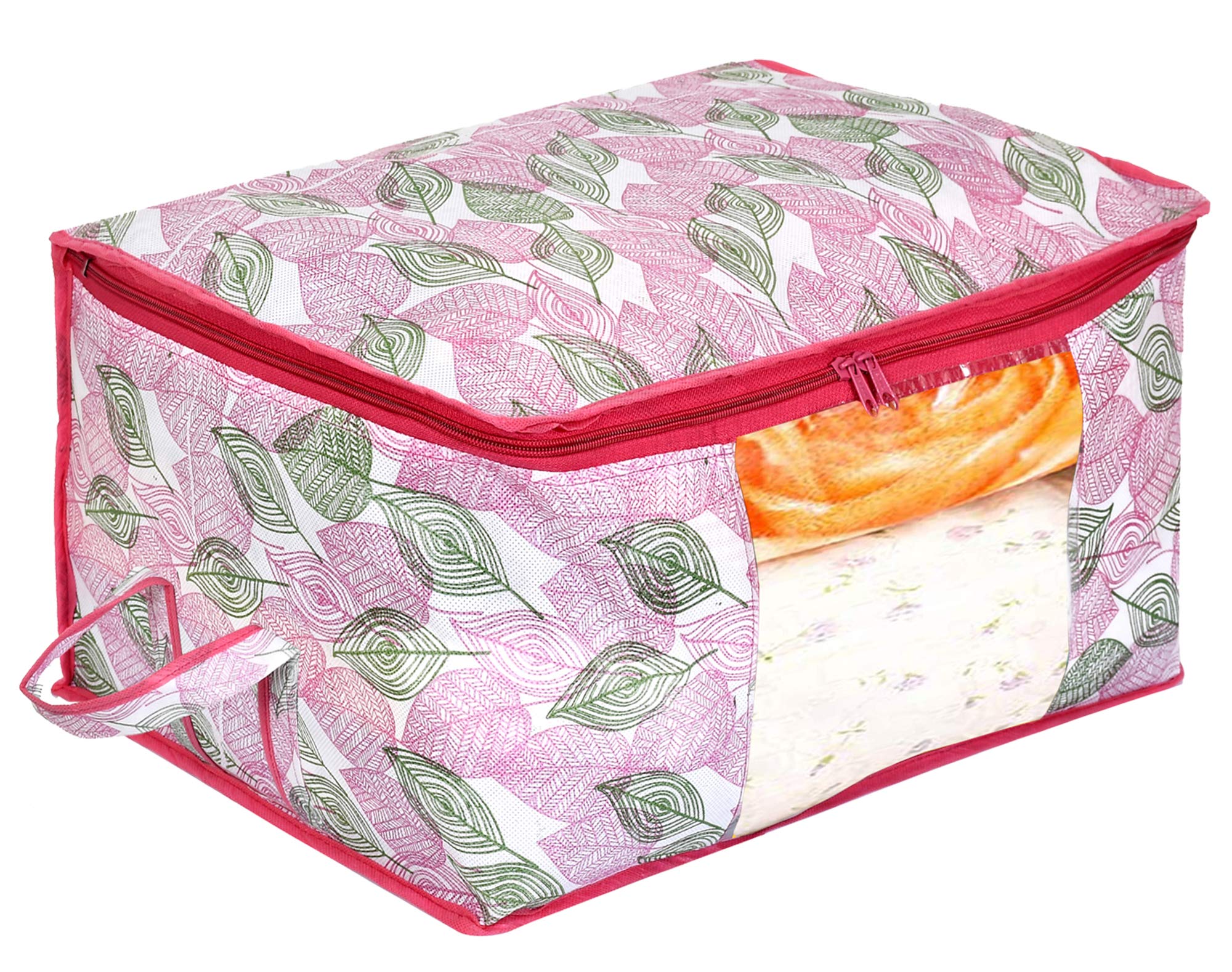 Kuber Industries Metalic Leafy Print Non Woven Underbed Storage Bag,Cloth Organiser,Blanket Cover With Transparent Window (Pink)