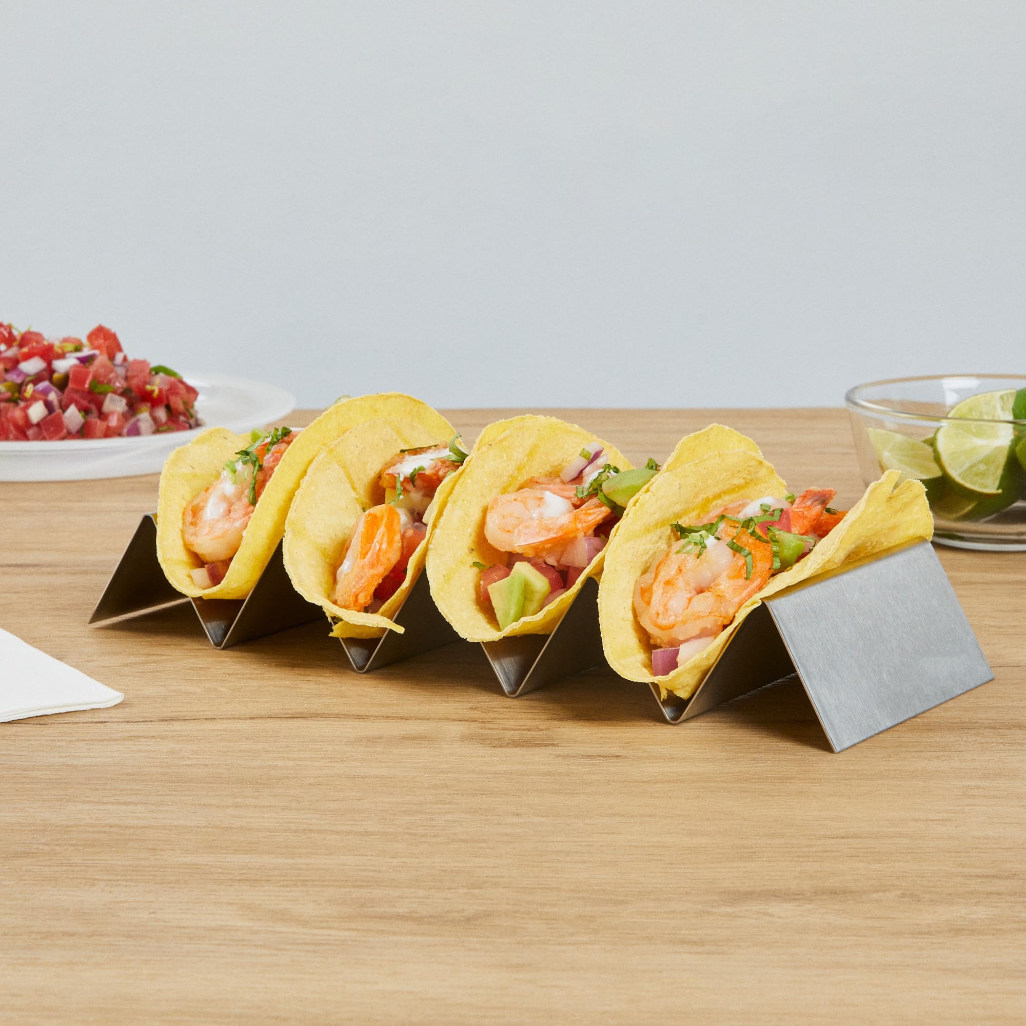 Restaurantware 10.7 Inch X 4 Inch Taco Stand 1 Holds 4 Tacos Taco Rank - Reversible Dishwasher Safe Stainless Steel Taco Holder