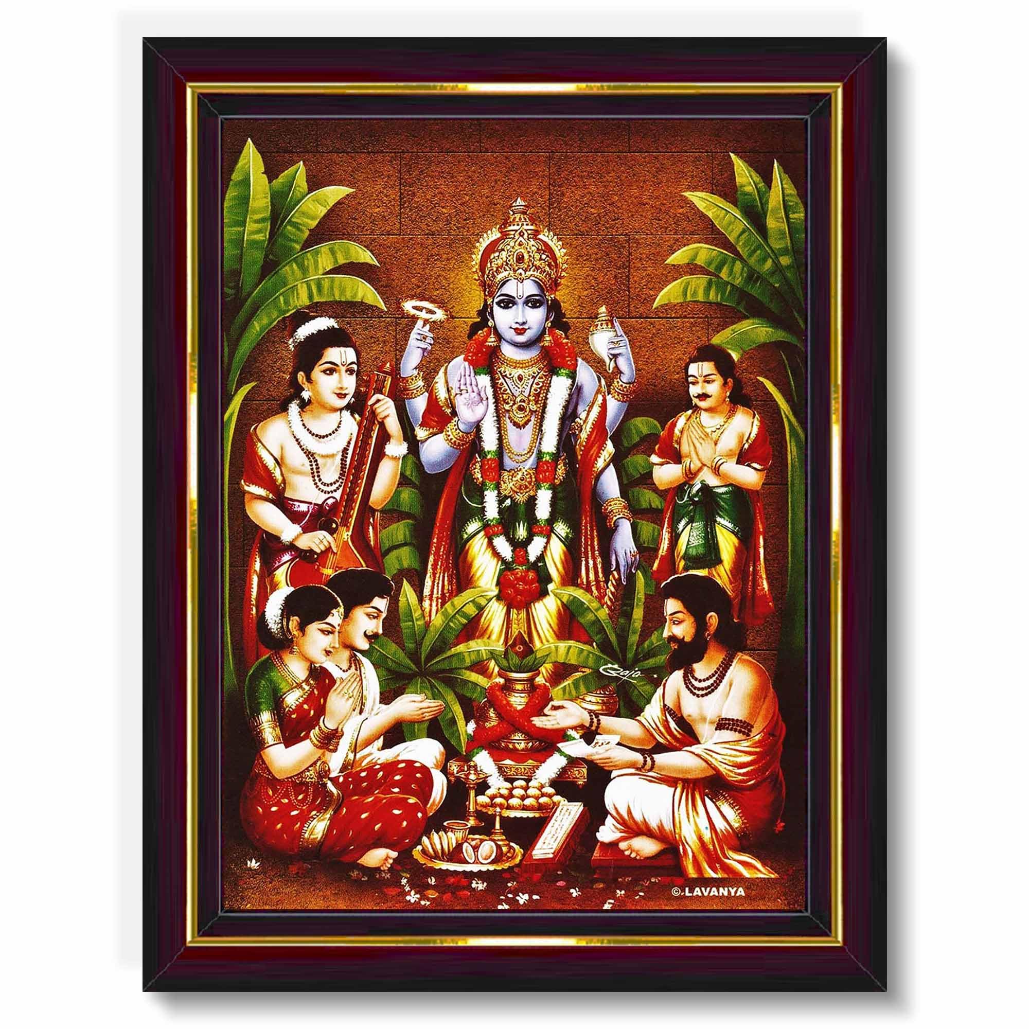 Pavan Photo Laminations Lord Satyanarayana Swamy Bhagwan Satyanarayan Wall Painting Framed Home Decor (Wood,Matte,Brown,Big Size
