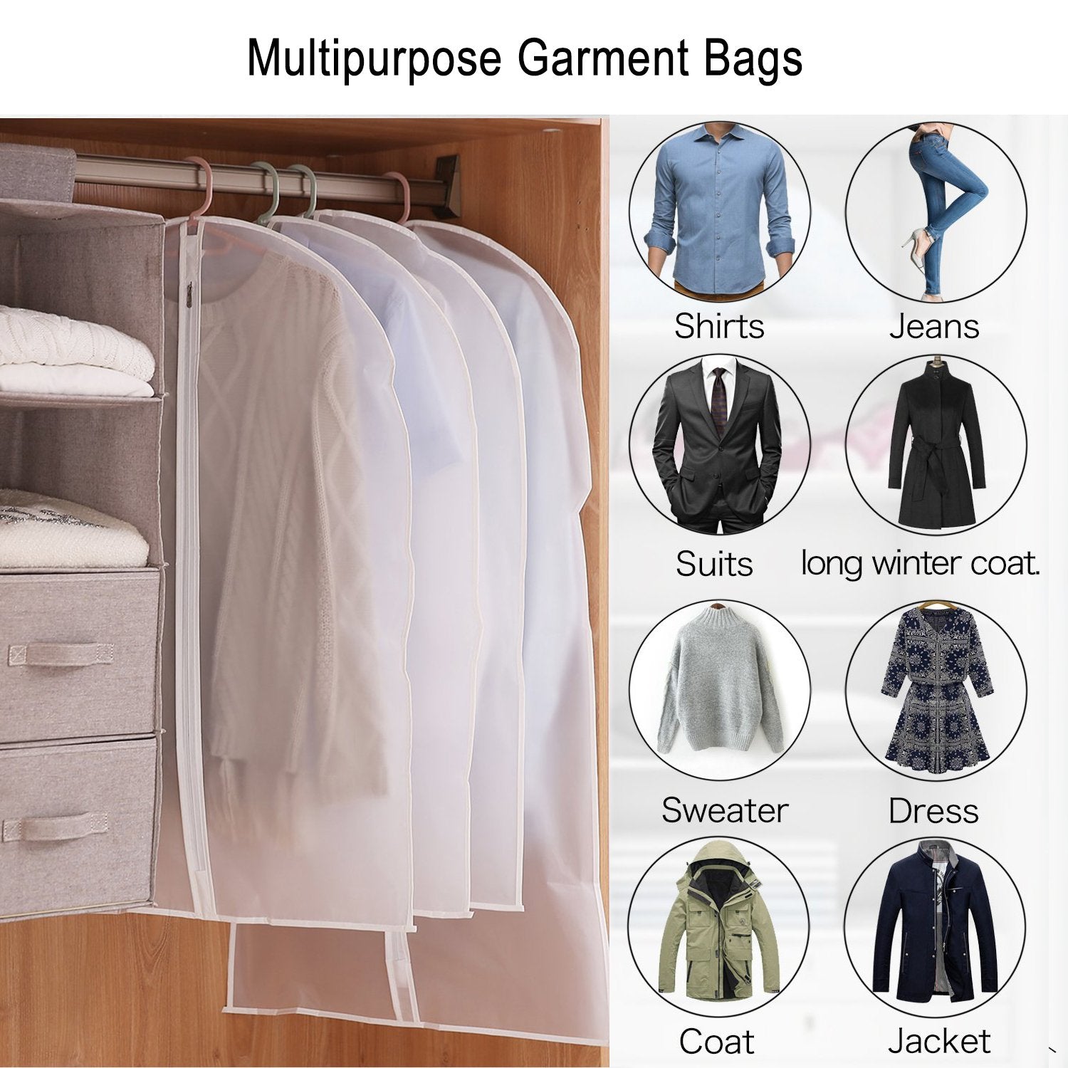 Thipoten Garment Bags, Set Of 5 Lightweight 33 Inch Suit Bags With Full Stainless Steel Zipper, Garment Bags For Storage/Closet/