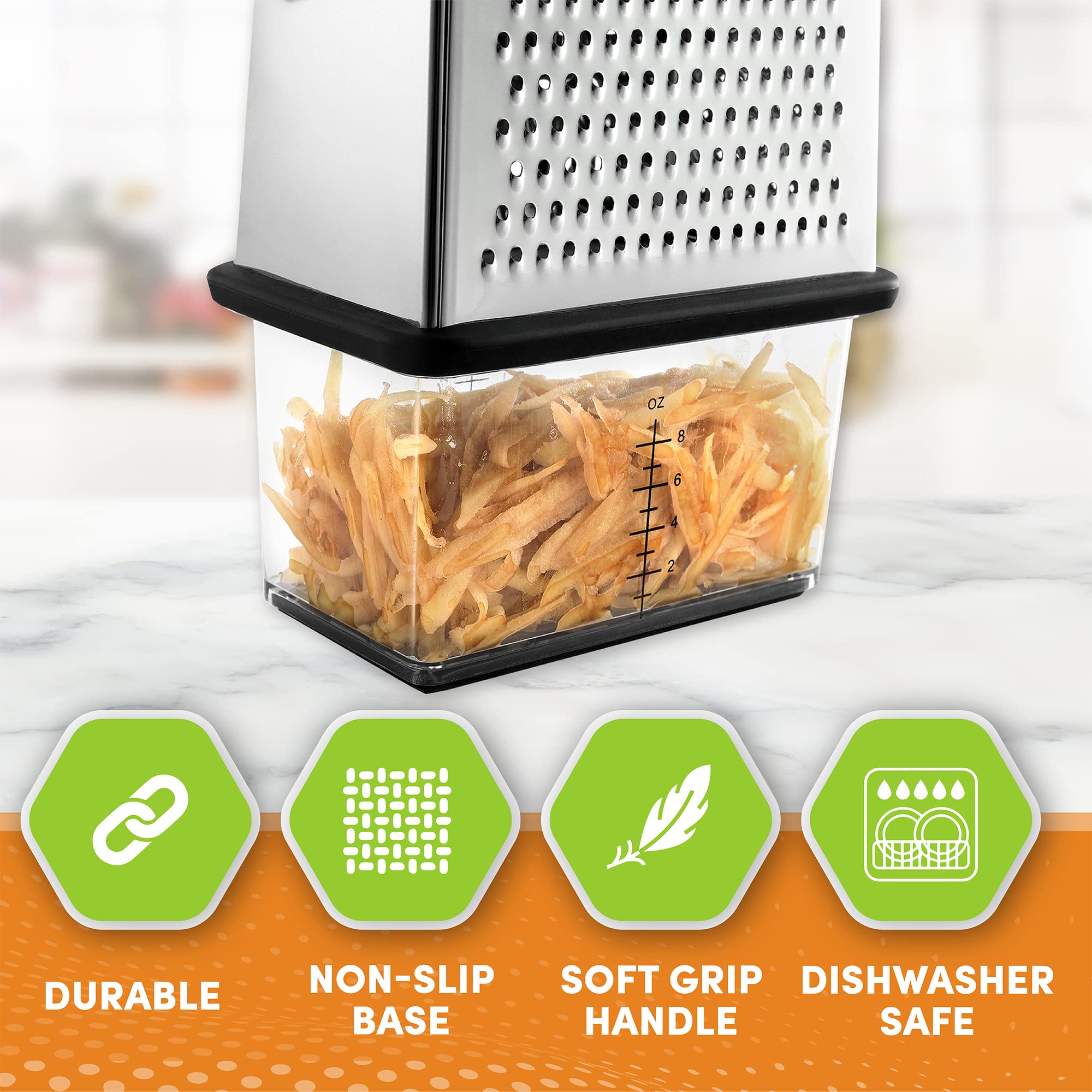 Spring Chef Professional 10 '' Parmesan Cheese Grater With Container, Stainless Steel & Soft Grip Handle, 4 Sided Kitchen Cheese