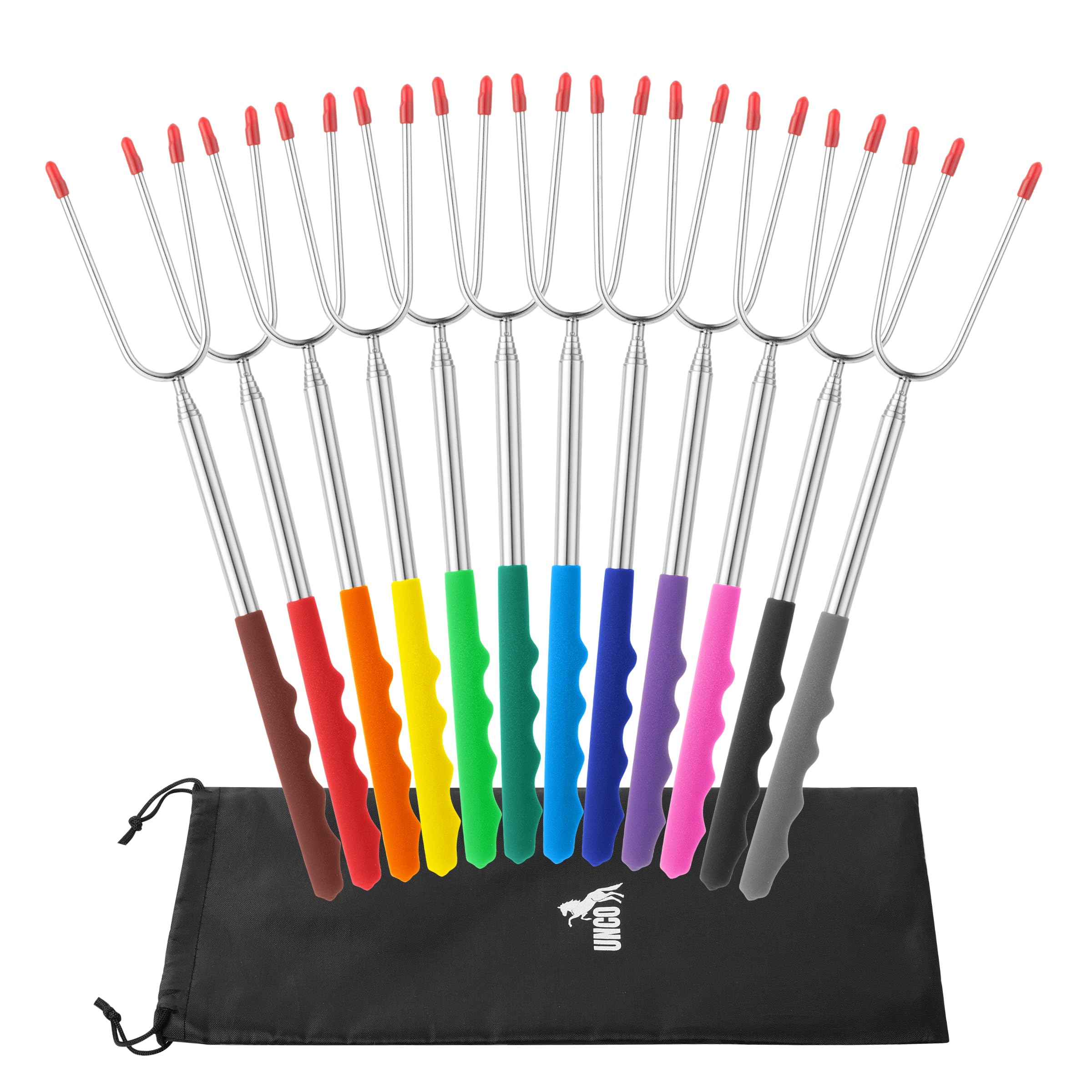 UNCO- Extra Long Marshmallow Roasting Sticks, 12 pcs, 45, Colorful Rubber Handles, Extendable Stainless Steel Marshmallow Roasti