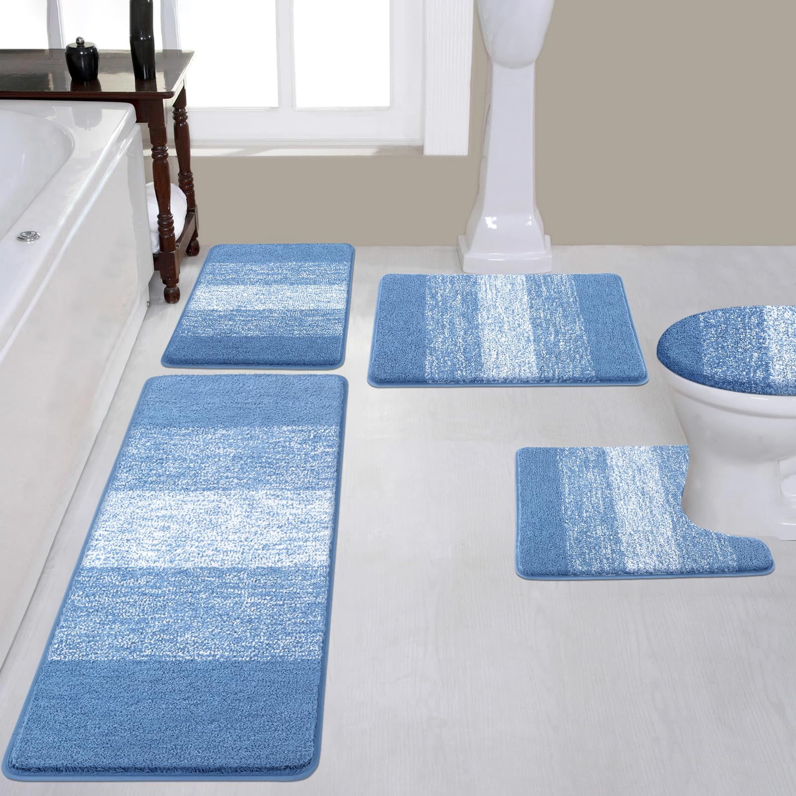 Bsmathom Bathroom Rugs Sets 5 Piece With Toilet Cover, Plush Shaggy Microfiber Bath Mats For Bathroom, Washable Bath Rugs With U