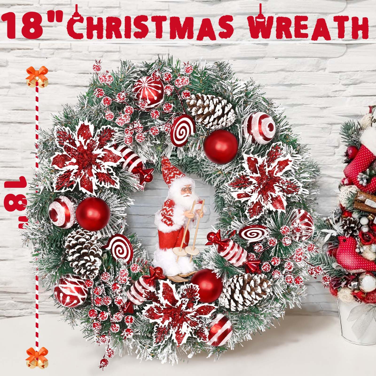 Christmas Wreaths for Front Door, 18 Christmas Wreath with Skiing Santa Claus, Red Poinsettias Christmas Wreath, Christmas Door