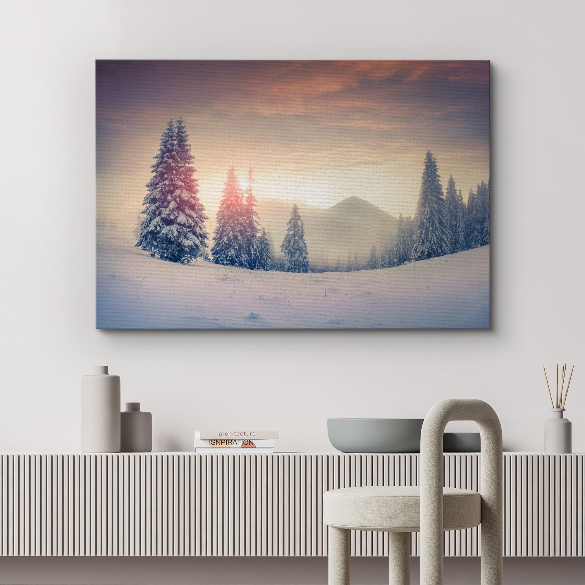 Canvas Prints Wall Art - Foggy Winter Sunrise In The Mountains Vintage/Retro Style Nature Beauty - 24'' X 36''