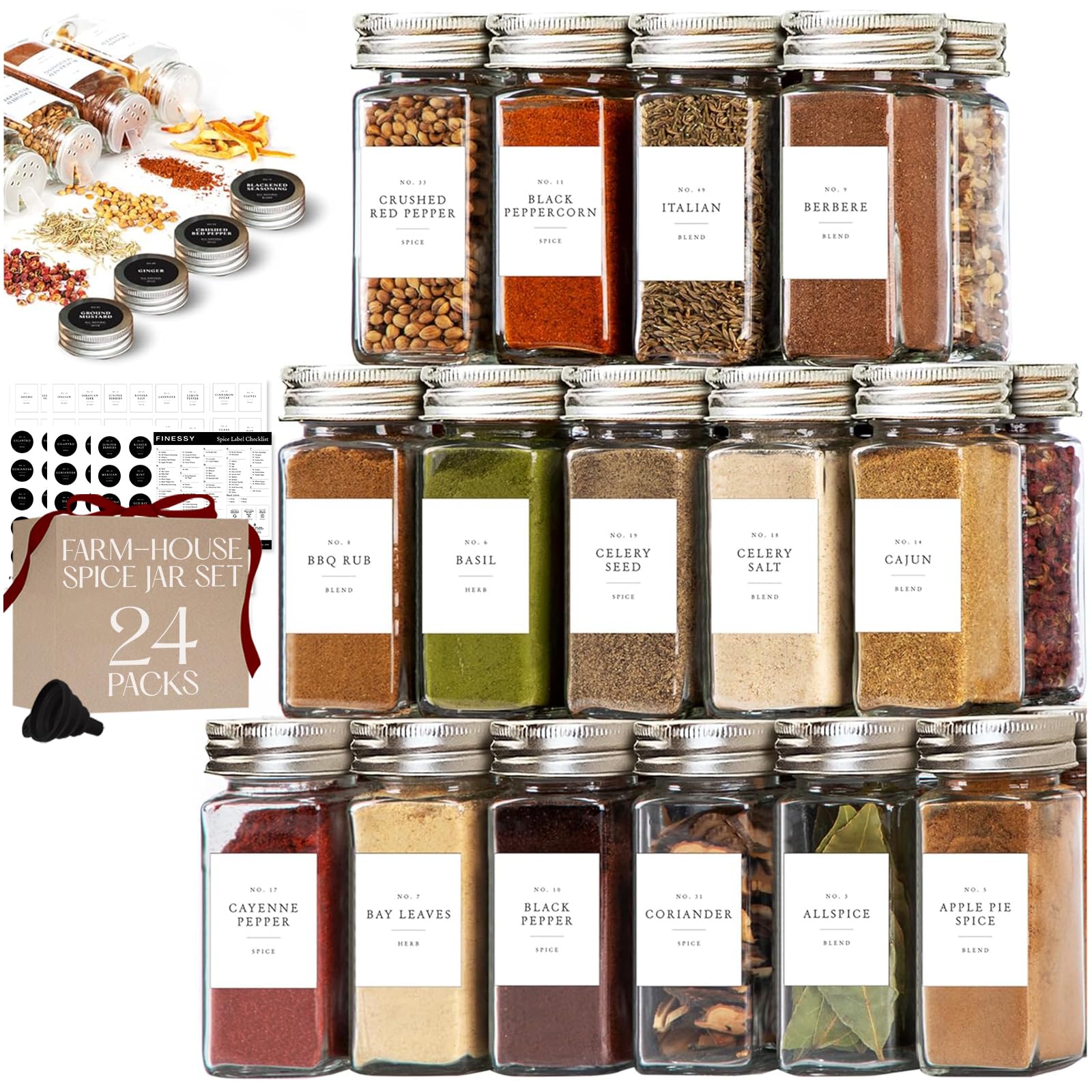 FINESSY Glass Spice Jars with Labels with Metal Lids and Shakers 24 Pack Set, 4oz Small Empty Air Tight Spice Containers with La