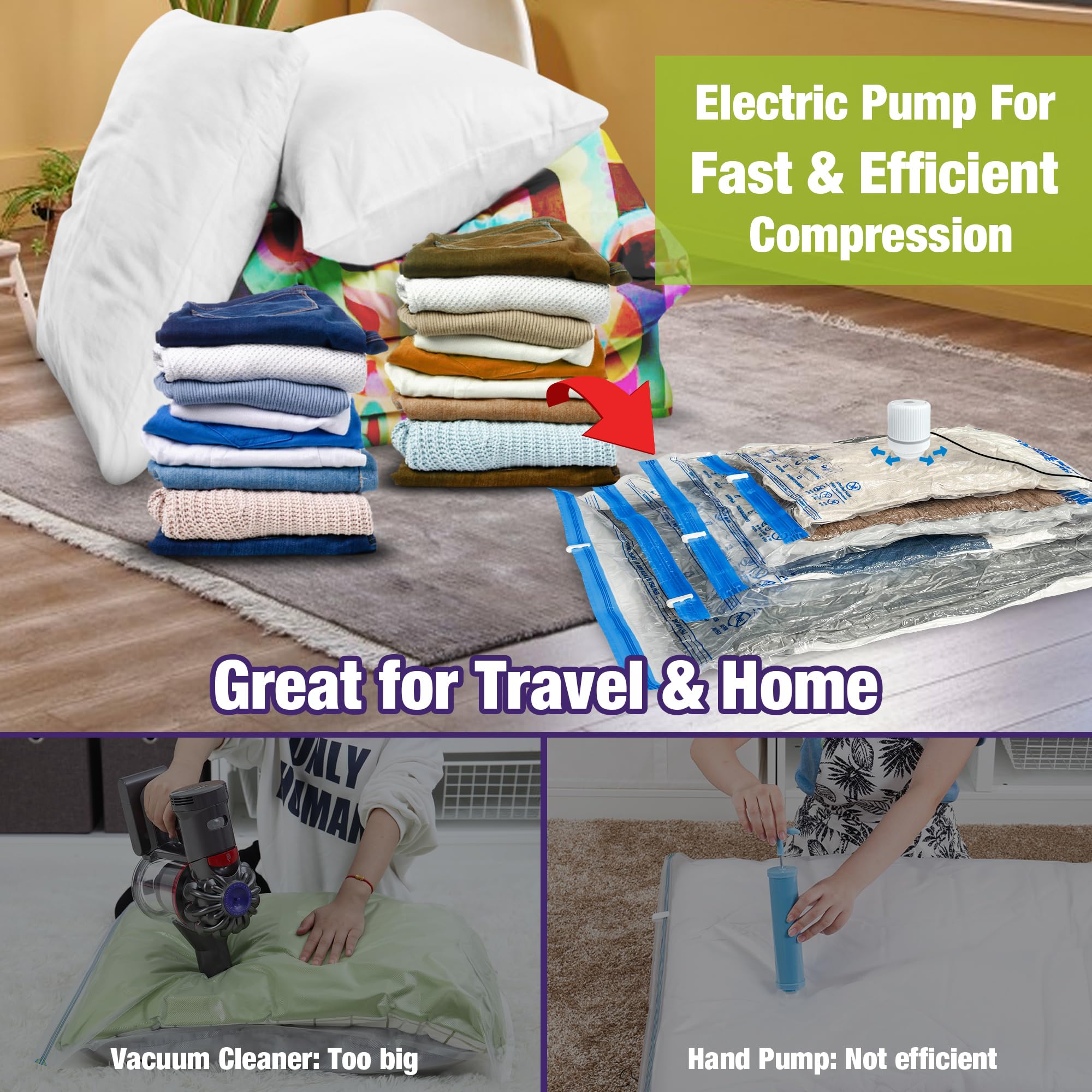 Hibag Vacuum Storage Bags With Electric Pump, Vacuum Seal Space Saver Bags For Clothes, Clothing, Pillows, Blanket Bedding Comfo