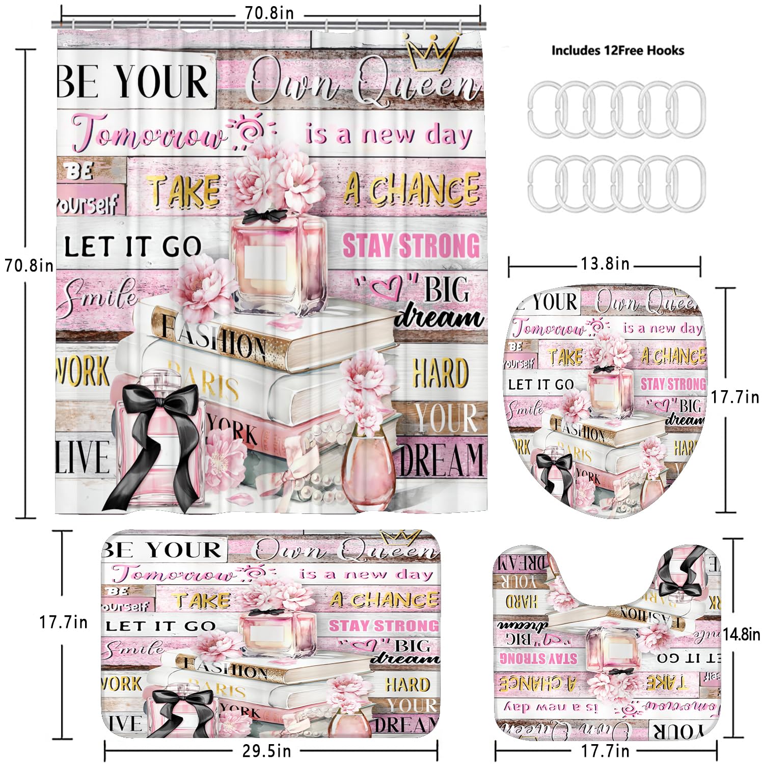 Azhm 4Pcs Shower Curtain Sets Pink Fashion Floral Bathroom Decor Set Inspirational Quotes Bathroom Curtain Shower Set With Rugs