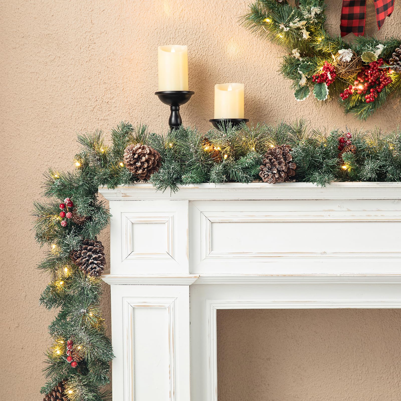 Glitzhome 2PK 9ft Prelit Christmas Garlands, Glittered Greenery Garlands Artificial Pine Garlands with Pine Cones Berries, Chris