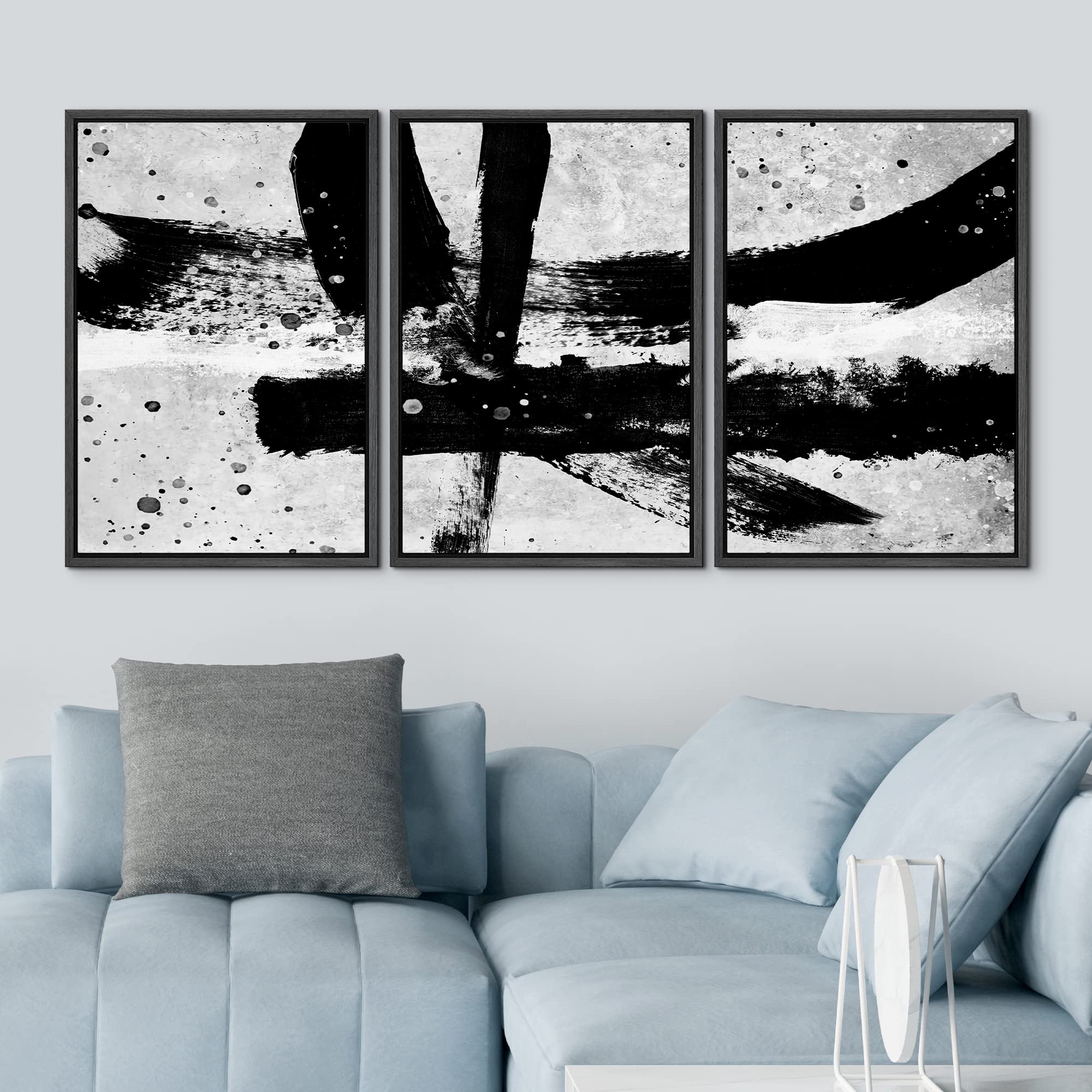 Idea4Wall Framed Wall Art Print Set Black & White Paint Strokes & Dots Abstract Shapes Illustrations Modern Art Alternative Scen