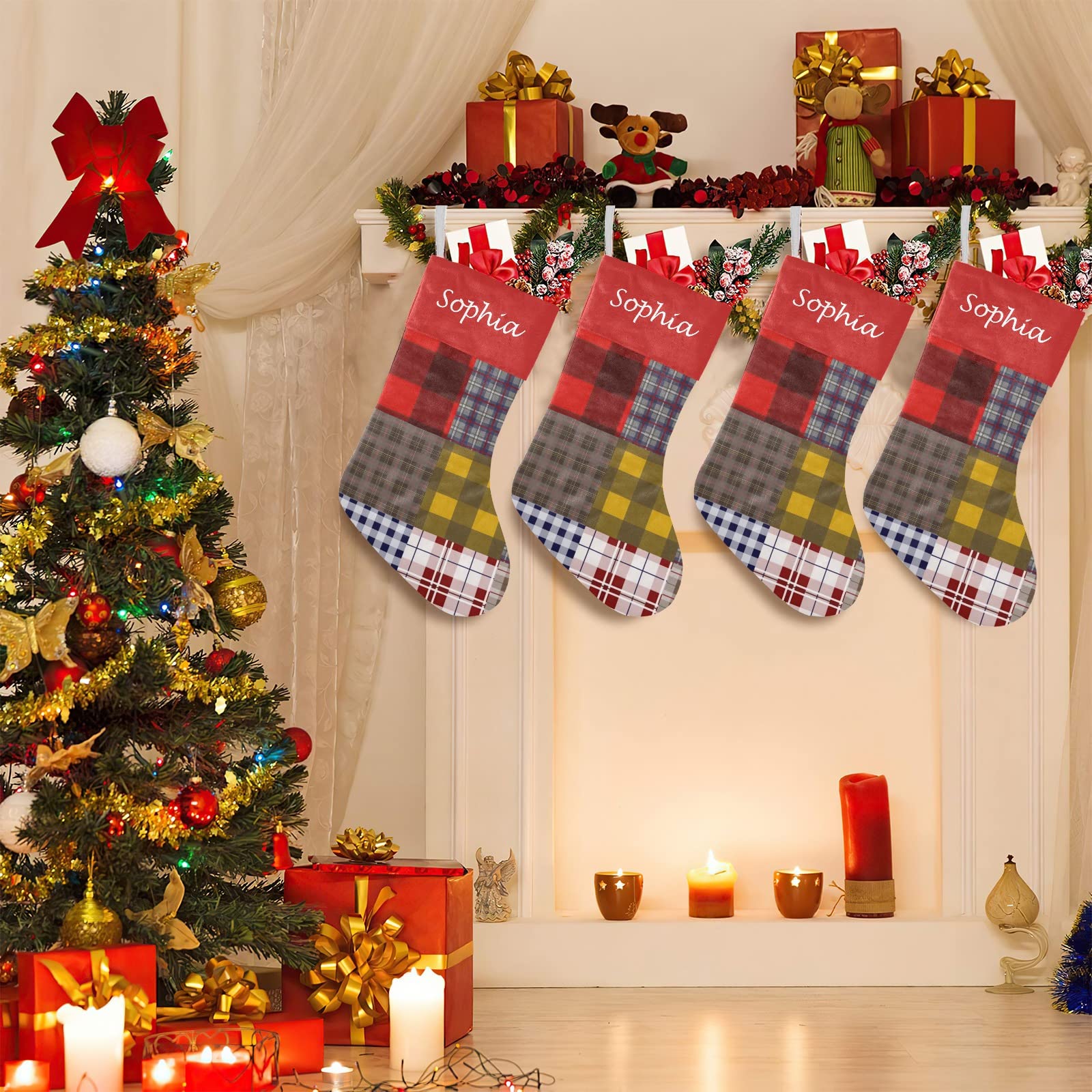 Plaid Patchwork Christmas Stockings Custom Name Party Family Decor Festive Santa Candy Gift Bag Socks 17.52 x 7.87 Inch