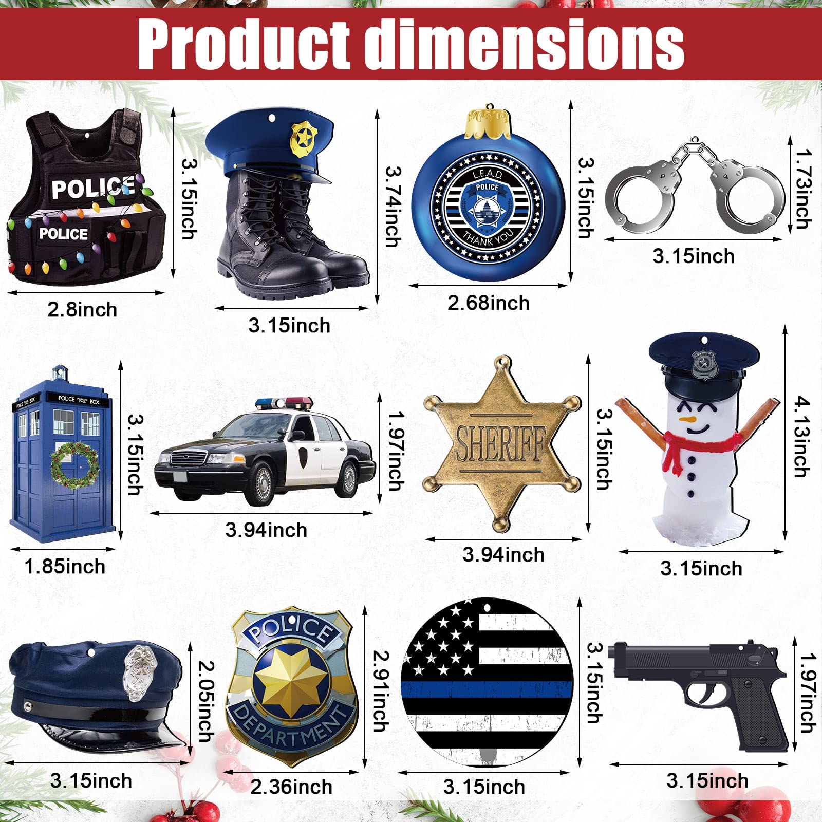 Yookeer 36 Pieces Police Christmas Ornaments Police Boots Shield Car Wooden Officer Hanging Ornaments Policeman American Flag Ch