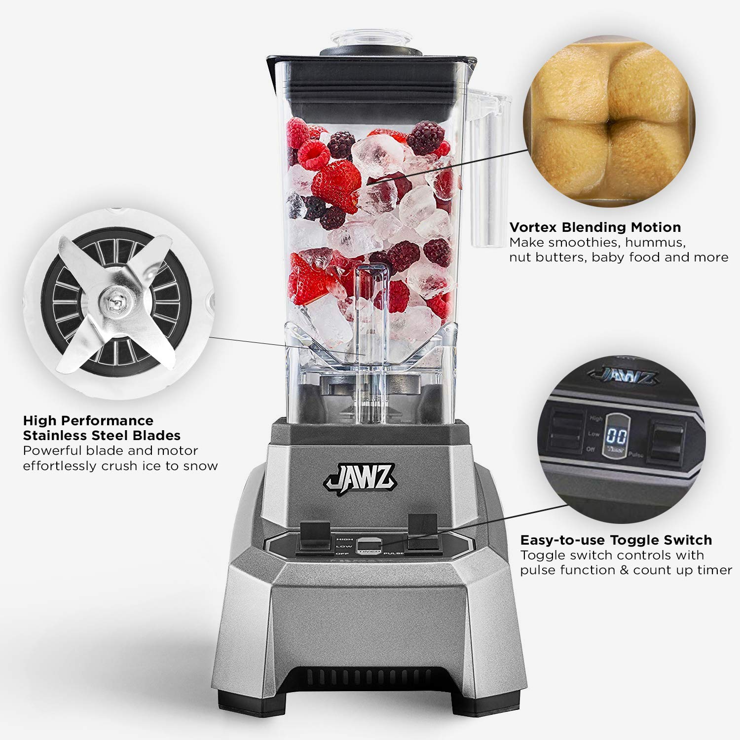 Jawz High Performance Blender, 64 Oz Professional Grade Countertop Blender, Food Processor, Juicer, Smoothie Or Nut Butter Maker