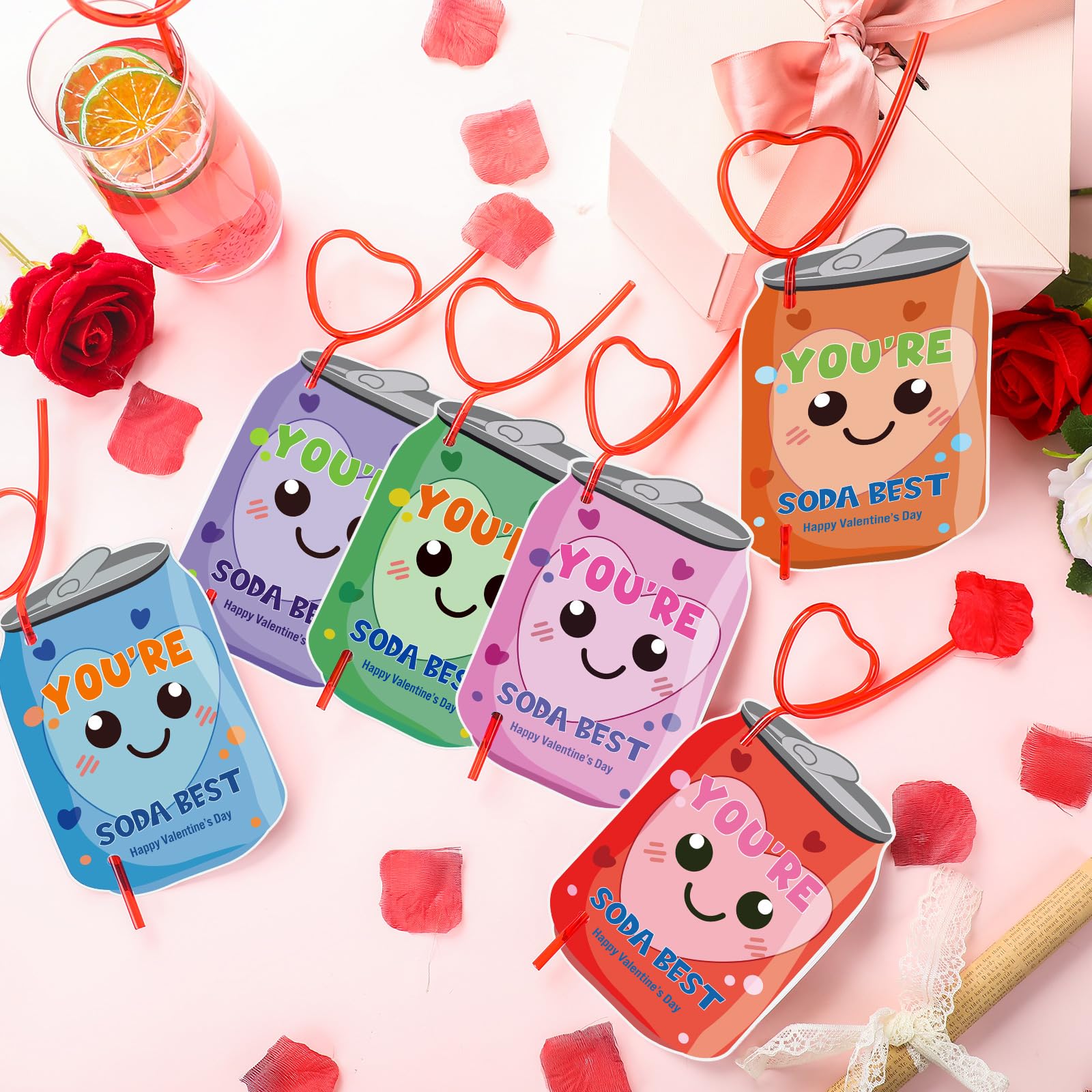 Potchen 36 Sets Valentine'S Day Gift Valentines Exchange Cards With Red Love Crazy Straws Valentines Day Greeting Cards Colorful