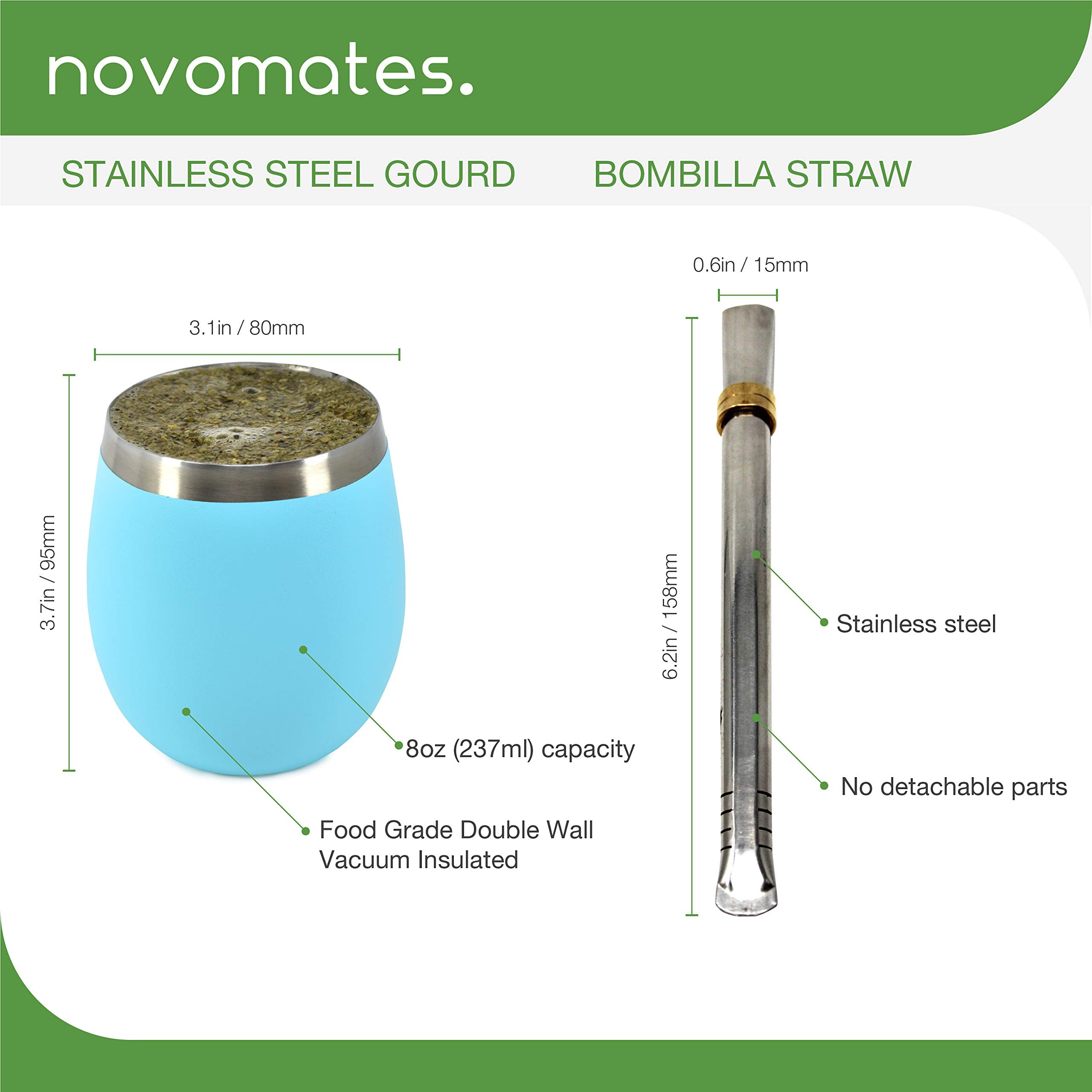 Novomates Yerba Mate Kit Including Double Wall Stainless Steel Mate Tea Cup And Mate Straw - Yerba Mate Cup And Bombilla Mate -