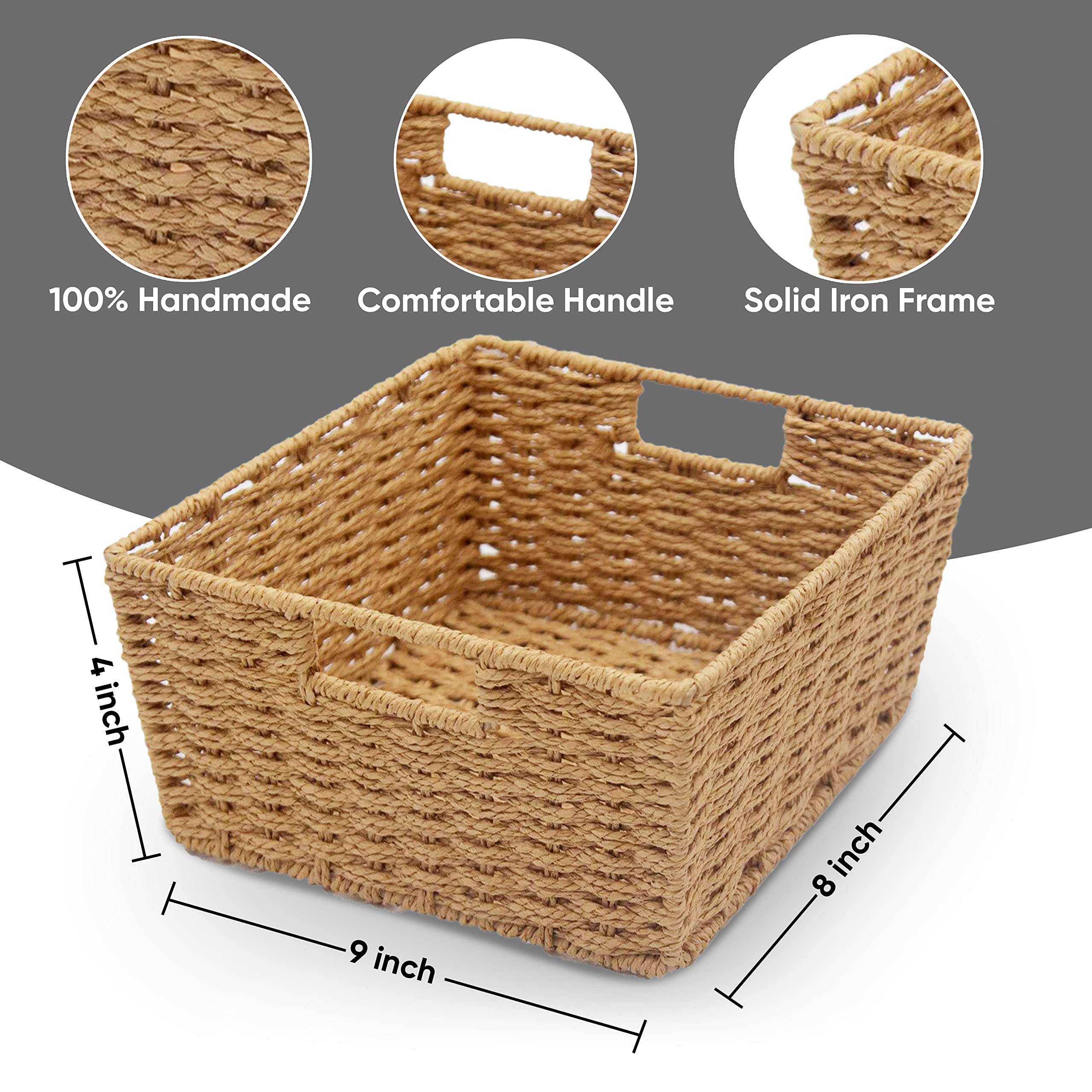 Kovot Woven Wicker Storage Baskets With Built-In Carry Handles - 9.75''L X 8.5''W X 4.5''H (3-Pack)