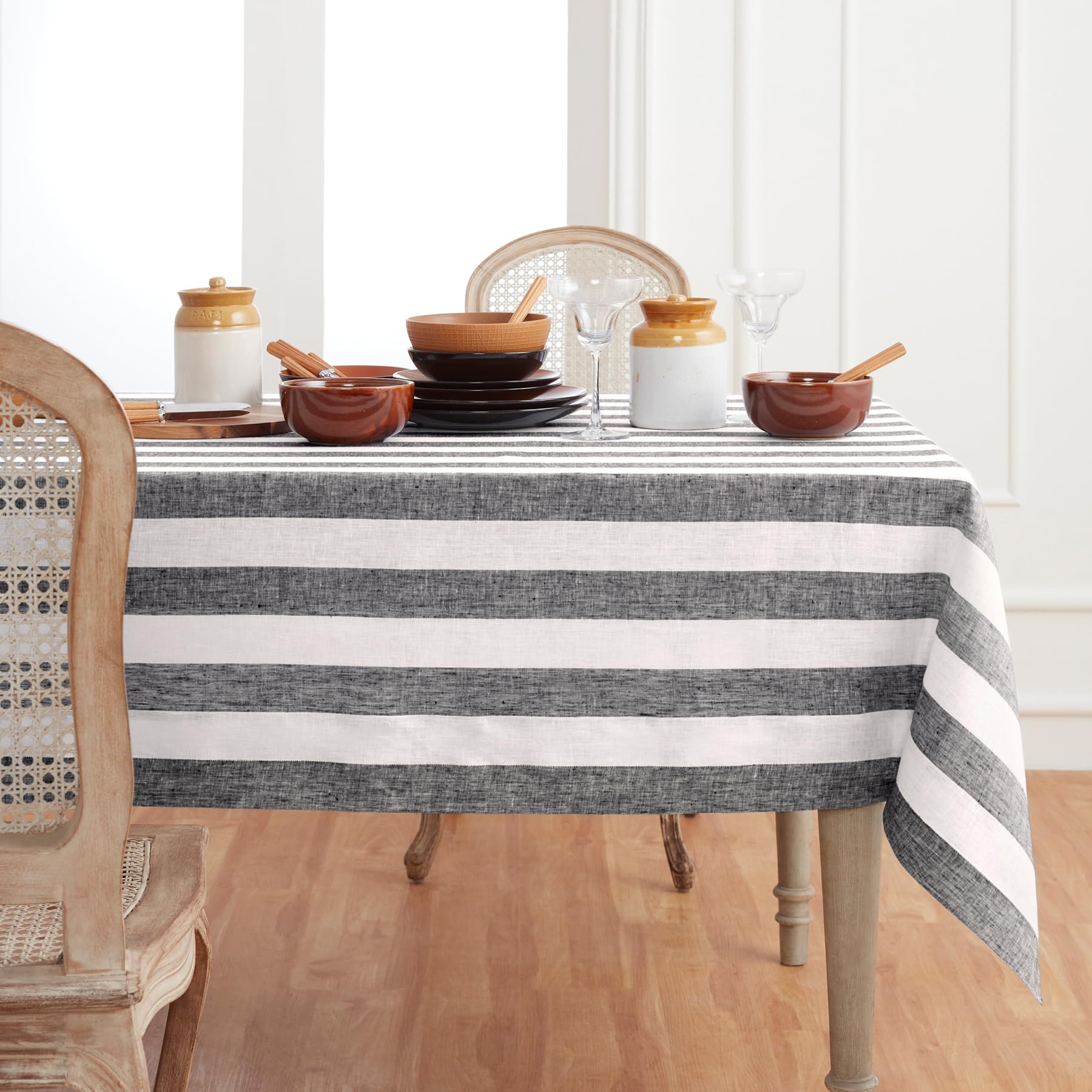 Solino Home Cabana Stripe Linen Tablecloth 108'' L X 60'' W Inch - 100% Pure Linen Black And White Tablecloth For Spring, Easter