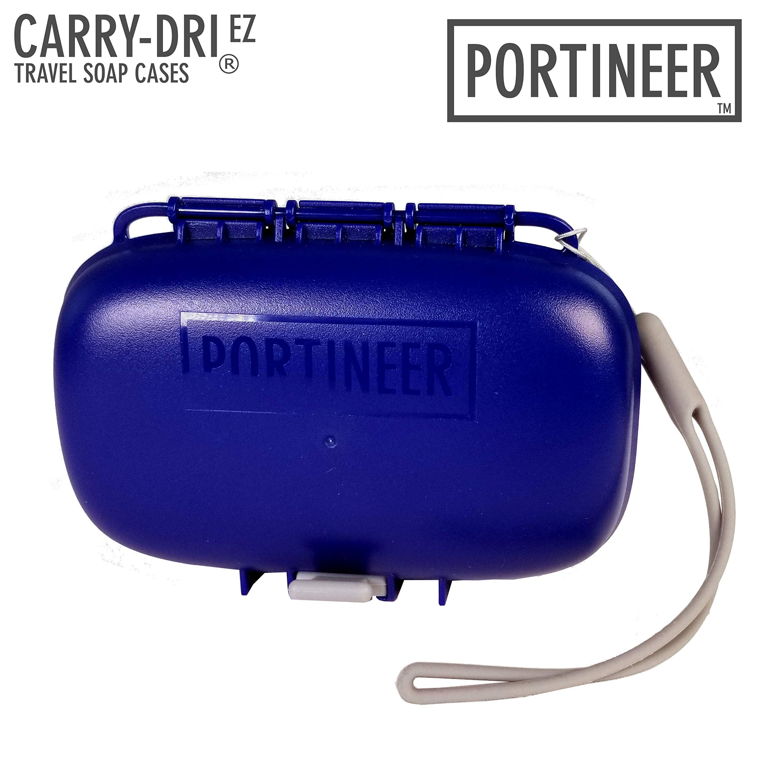 Carry-Dri EZ Travel Soap Container by PORTINEER - Soap Bar Case Lets Soap Dry with Lanyard  Silicone Closure  Soap Holder Travel  Leakproof Soap Box with Patented Vents  Travel Soap Dish  Blue-Grey