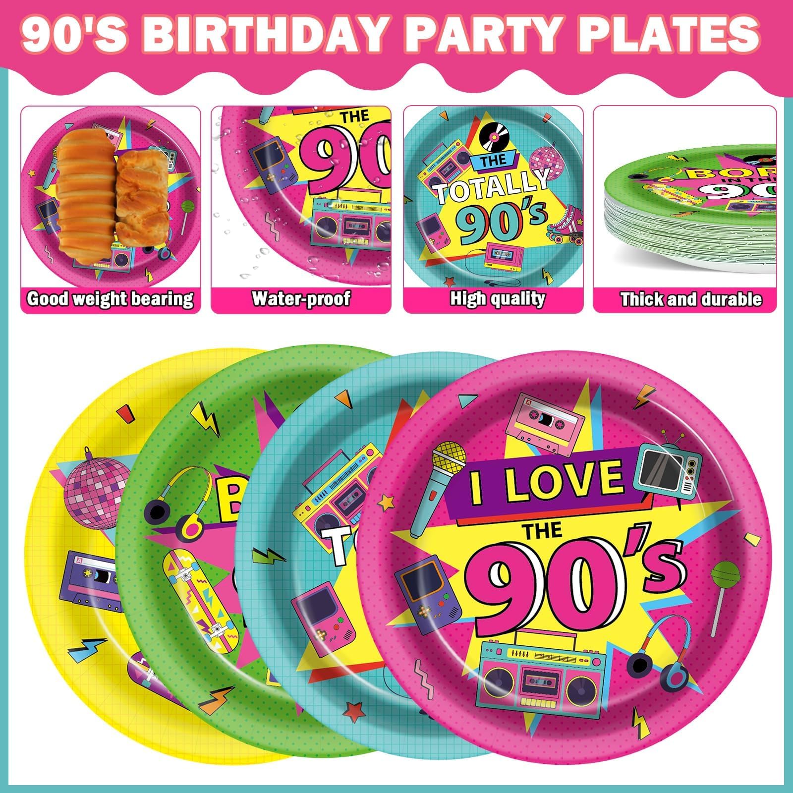 Chunnin 48Pcs 90'S Birthday Party Paper Retro I Love The 90S Themed Party Supplies 7'' Back To The 1990'S Music Birthday Party D