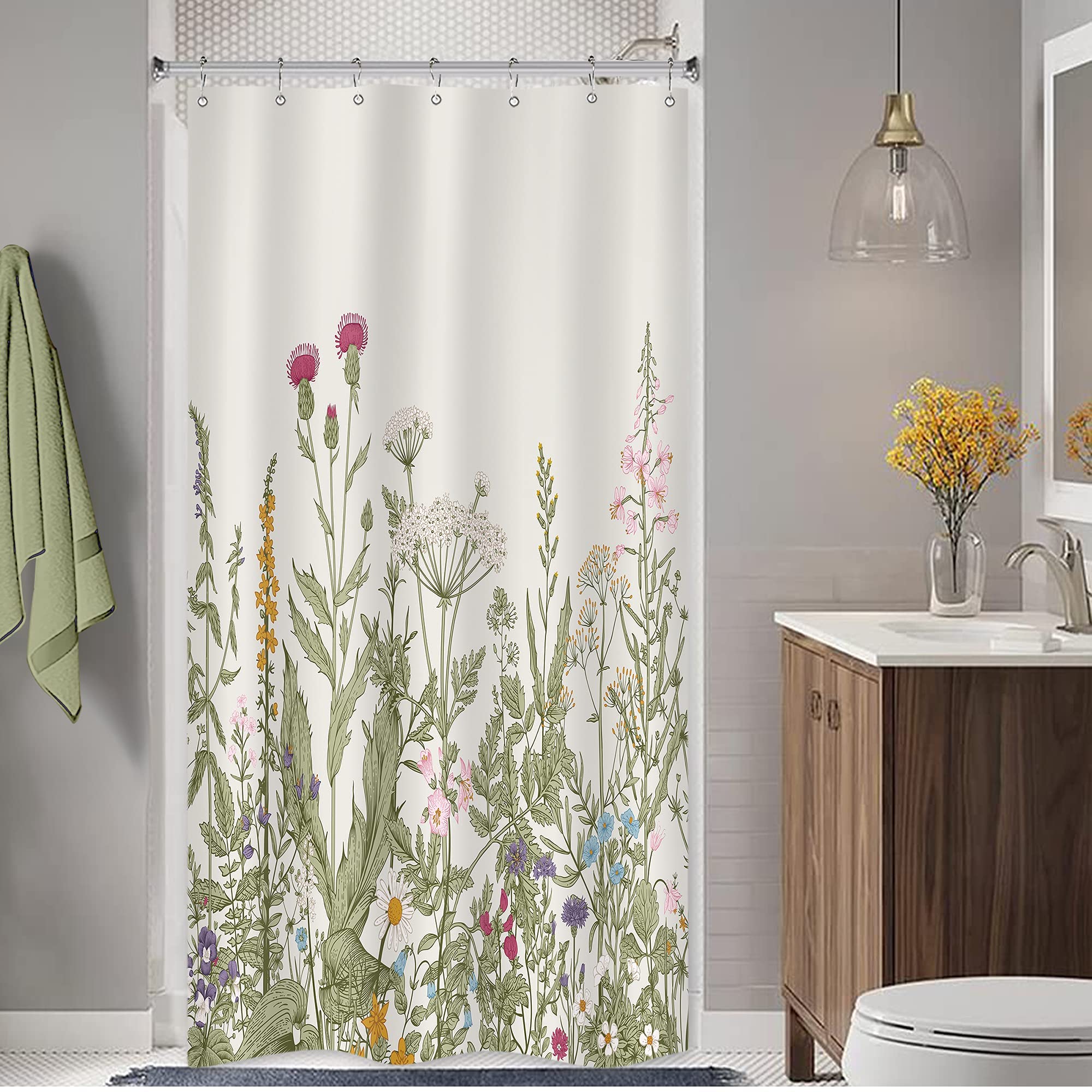 Riyidecor Stall Wildflower Small Half Shower Curtain 36Wx72H Inch Farmhouse Flower Botanical Floral Plant Herbs Vintage Decor Bathroom Windows Fabric Polyester Waterproof 7 Pack Plastic Hooks