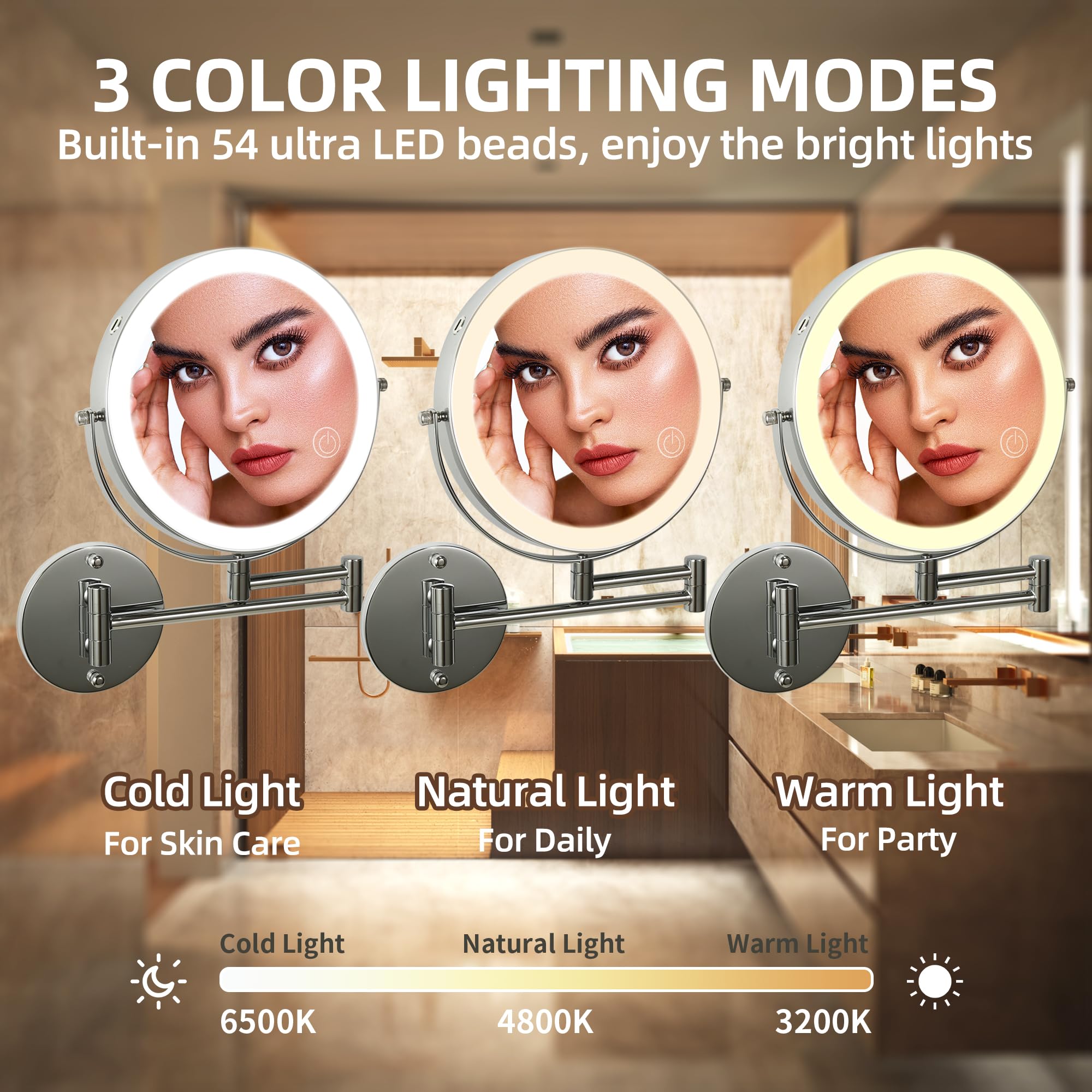 Slimoon 8'' Wall Mounted Lighted Makeup Mirror With Magnification, 1X/10X Magnifying Mirror With Light, 3 Color Lights, Extendab