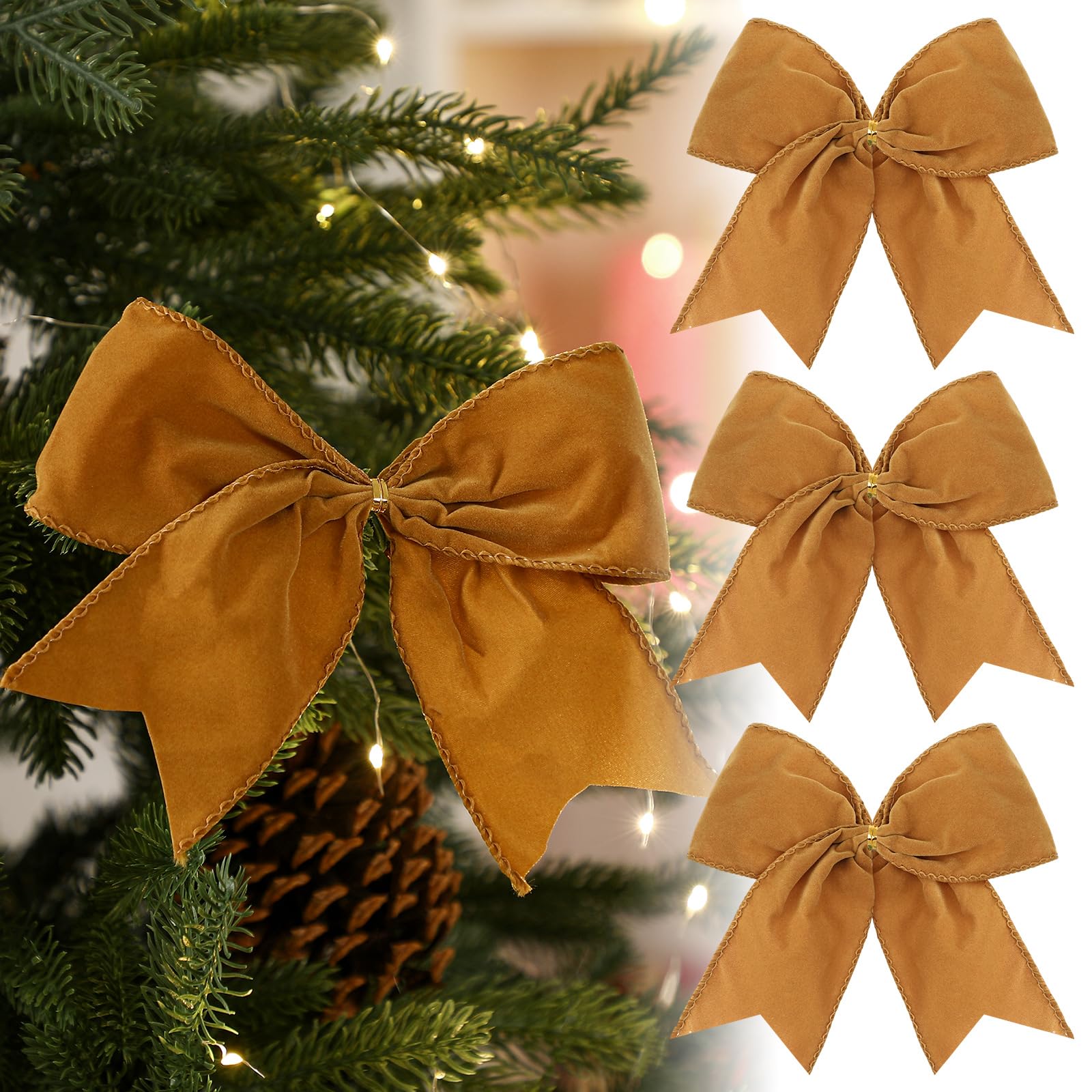 Janinka 12 Pcs Khaki Christmas Velvet Bows 6 Inch Rustic Wreath Gift Bows Vintage Xmas Velvet Ribbon Bow Ornaments for Xmas Farm