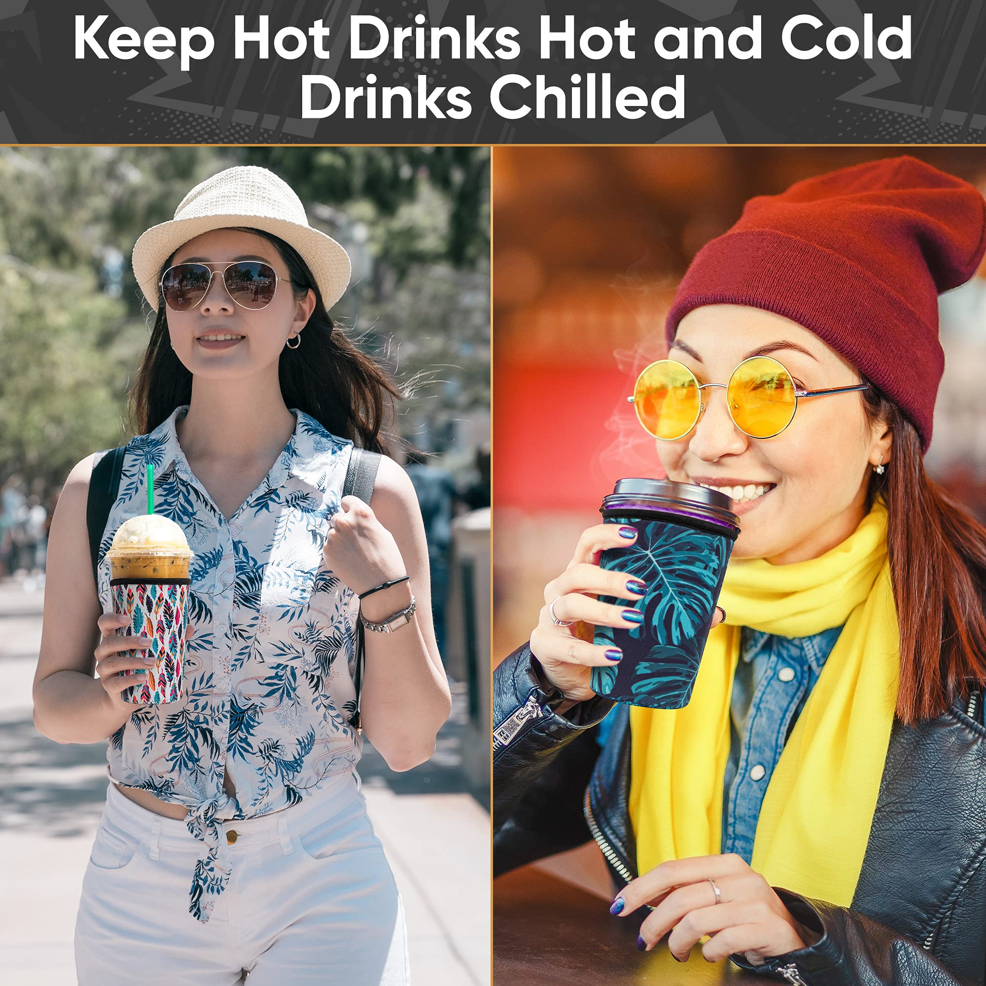 Baxendale and Co Reusable Neoprene Insulator Sleeves for Large Sized Iced Coffee and Cold Drink Cups (2 PK Large 32oz  Triangle & Monstera)