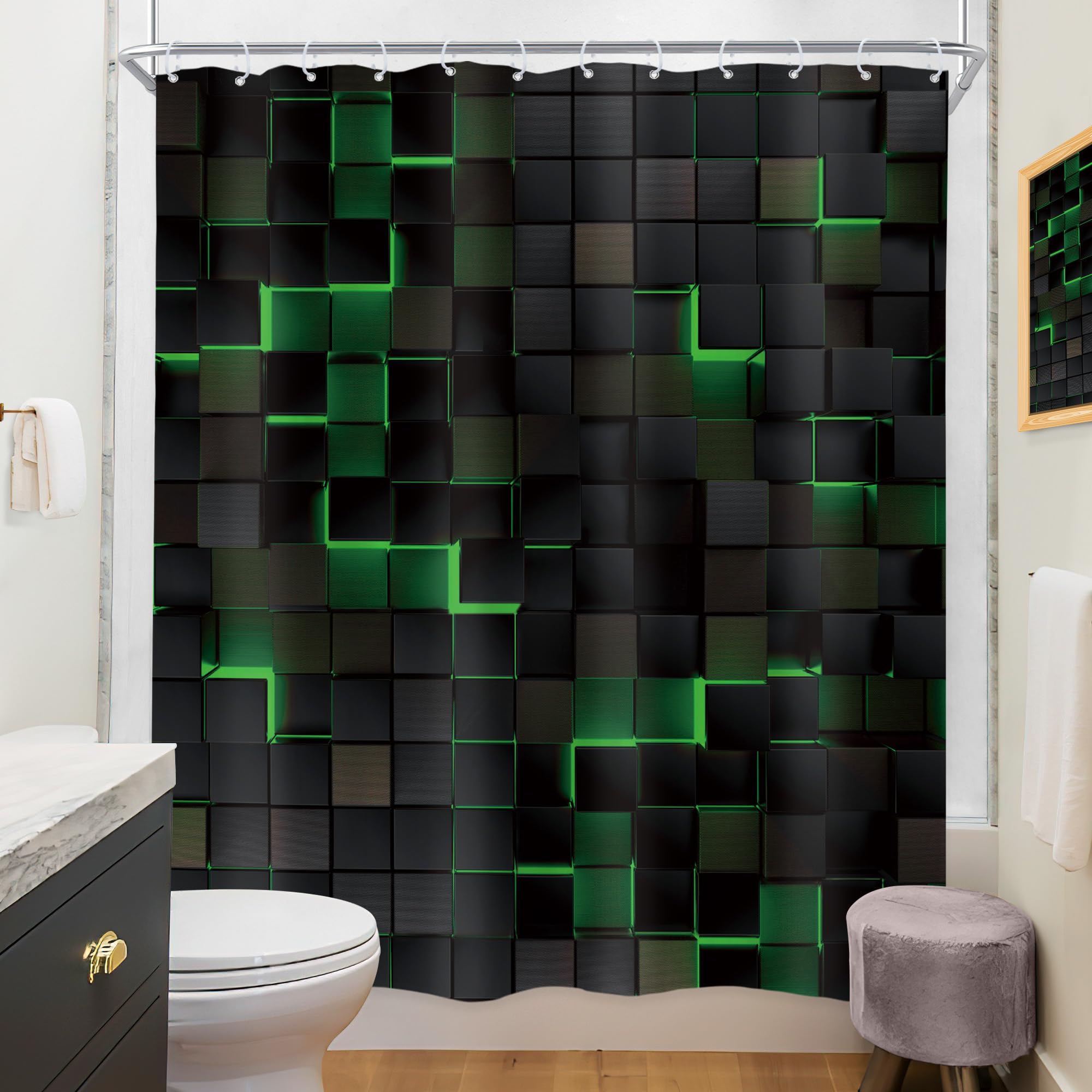 Riyidecor Black Green Shower Curtain 60Wx72H Inch Abstract Wall Brick Modern 3D Gradient Design Futuristic Geometric Plaid Cubes