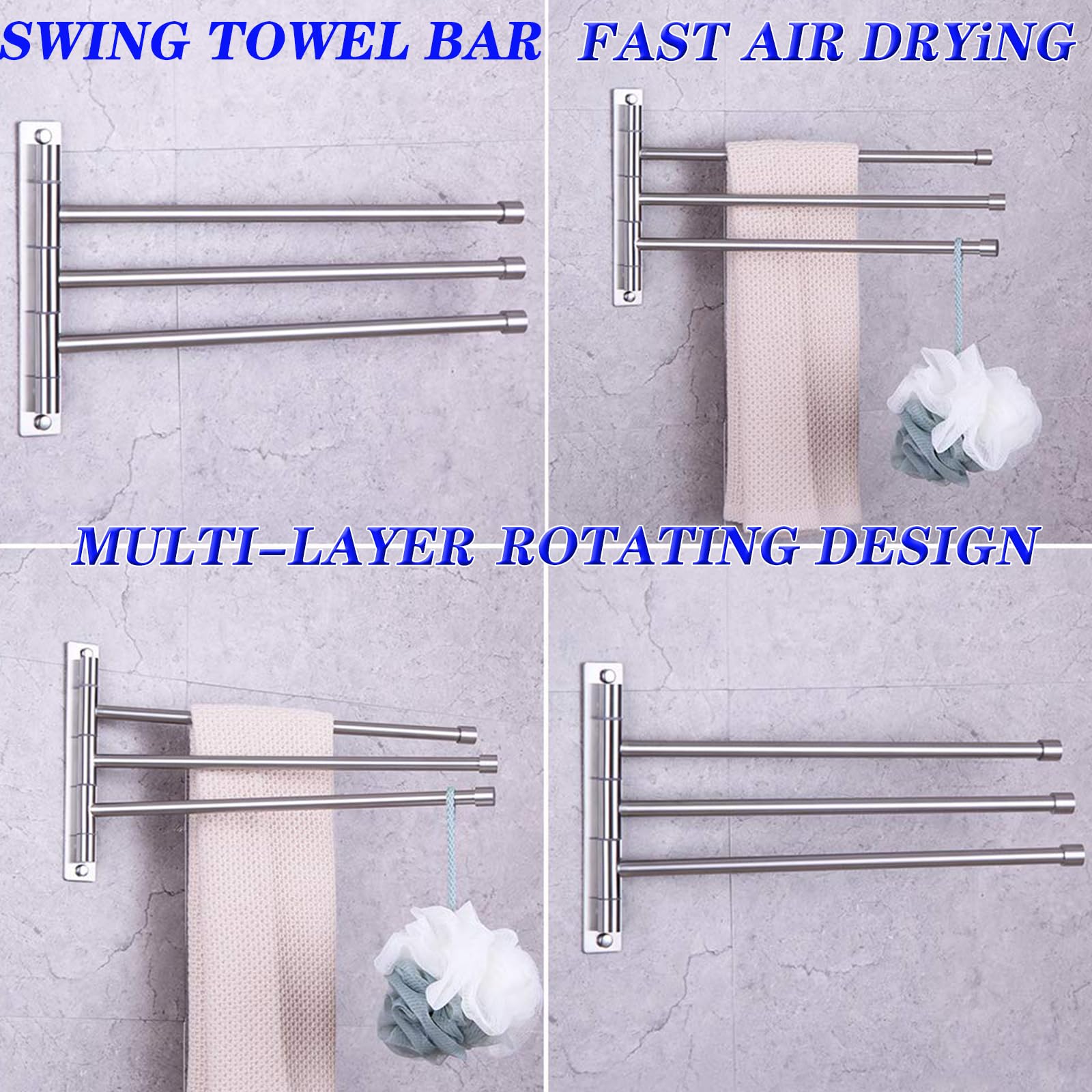 GERZWY Bath Towel Holder Swing Out Towel Bar SUS 304 Stainless Steel Bathroom Hand Towel Rack 3-Bar Folding Arm Swivel Hanger Wall Mount Brushed Finish
