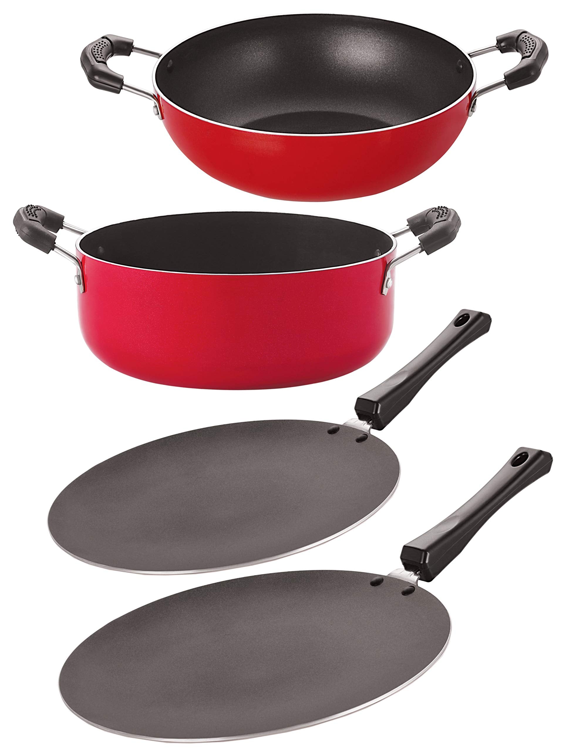 Nirlon Non Stick 4 Piece Combo Cookware Set Aluminium Red & Black (Ct11_Ct12_Kd14_Cs24)