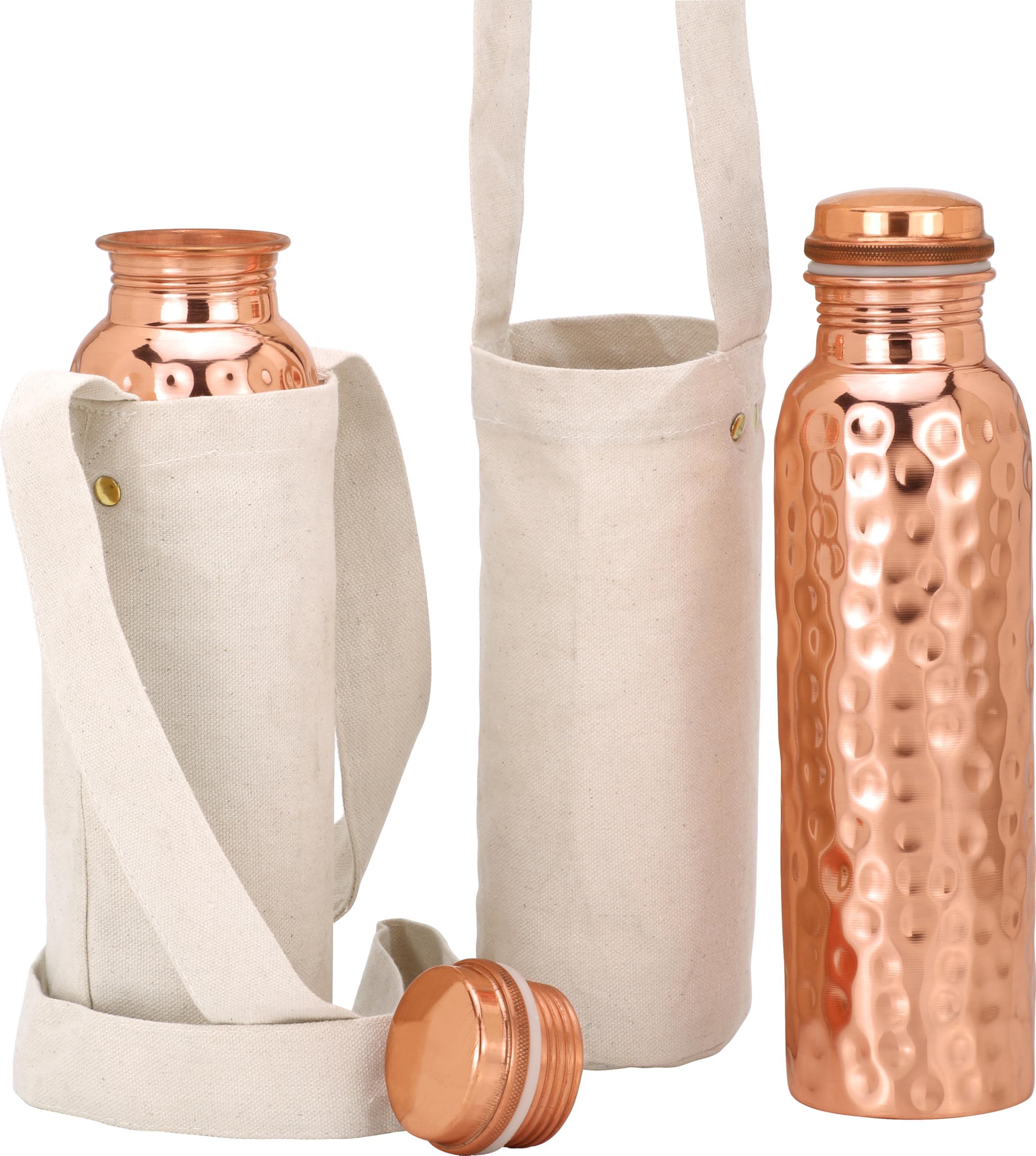 Kitchen Science Ayurvedic Copper Water Bottle Set of 2 (34 oz) Pure Copper Drinking Bottles with Canvas Carry Bags, Promotes Wel