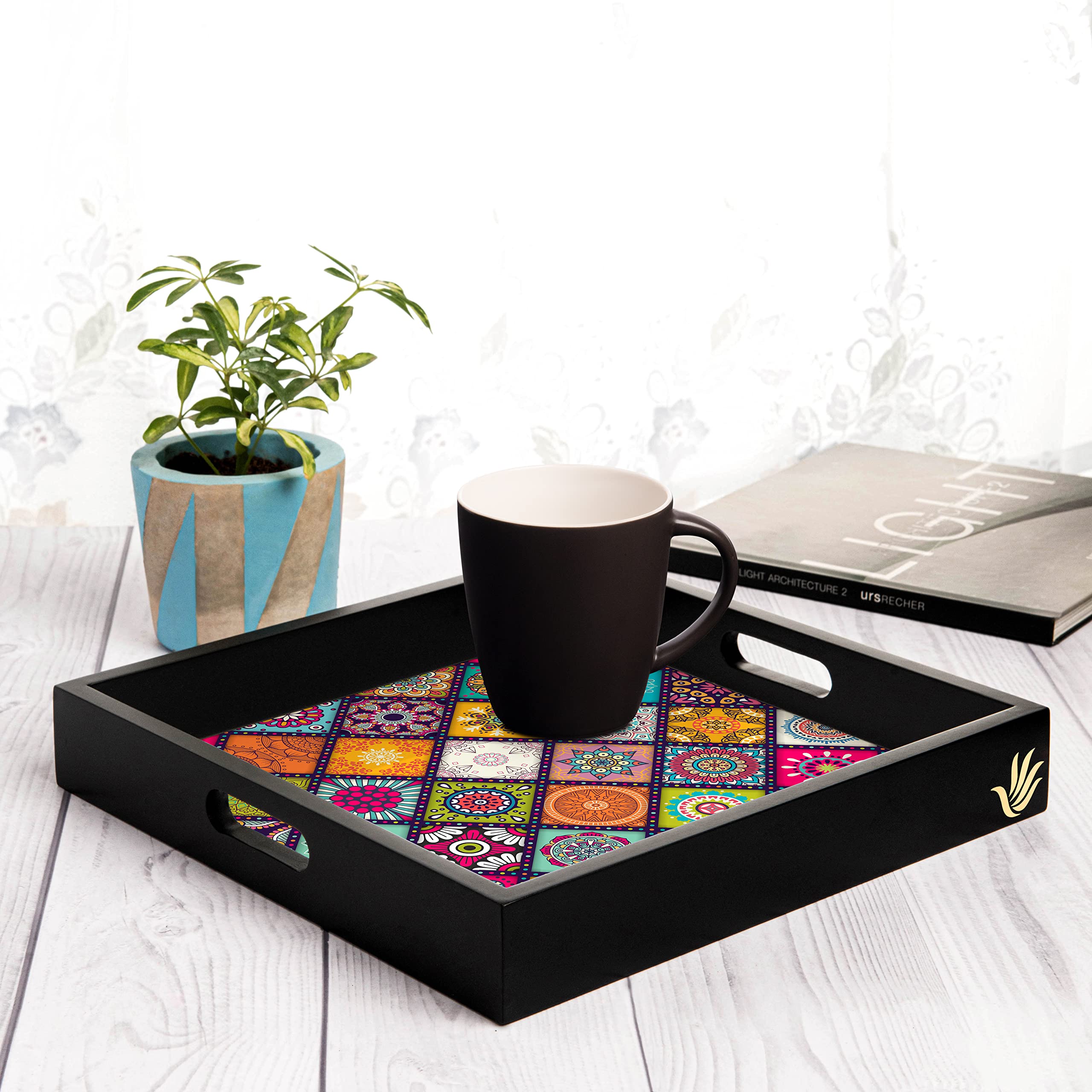 Brahma Design Serving Tray | Multi Mandala Design With Black Border | Square 12'' X 12'' Wooden Tray For Serving | Tray For Deco
