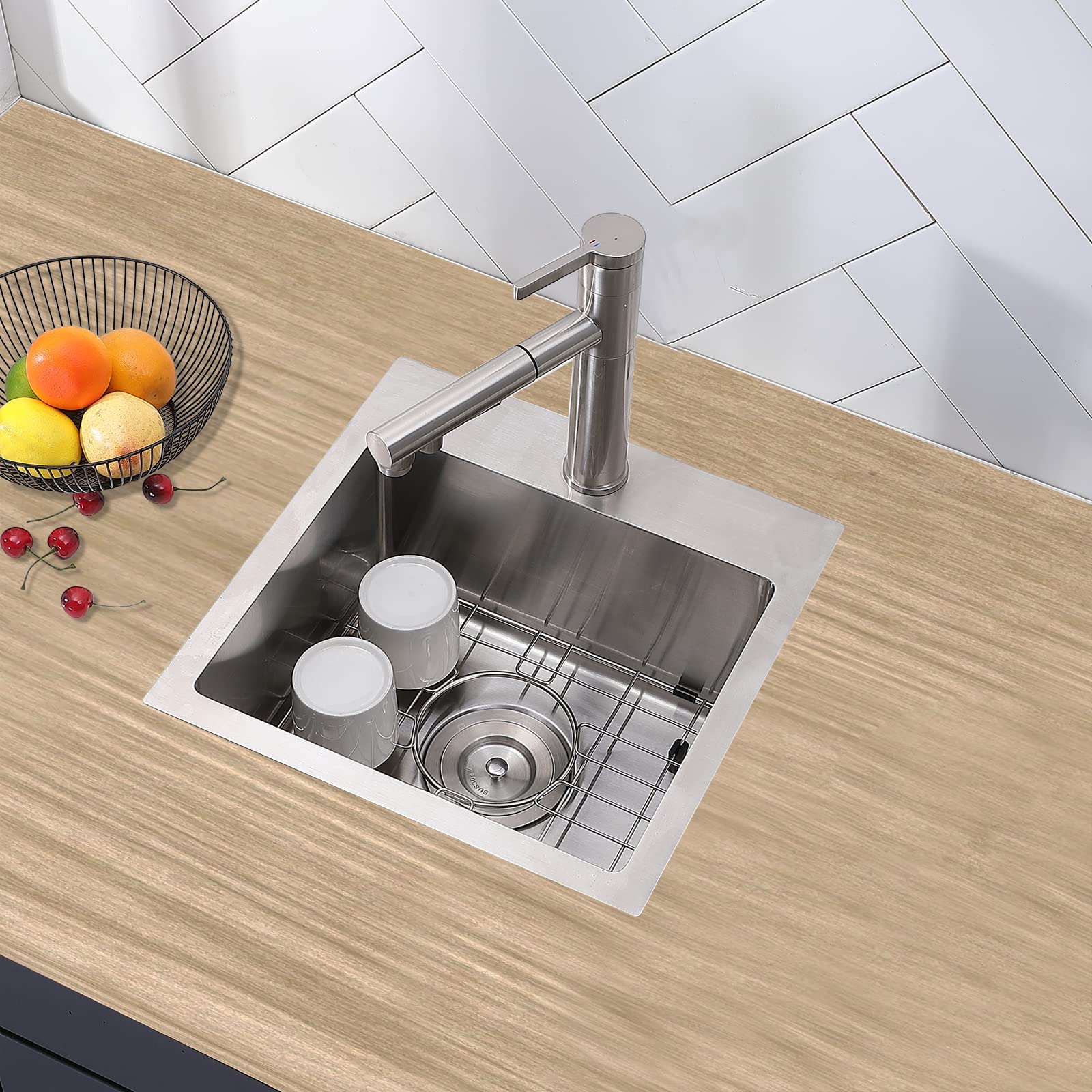 Vccucine Drop In Bar Sink, 15 X 15 Inch Topmount Rv Small Kitchen Sink, Handmade Stainless Steel Wet Bar Sink, Outdoor Single Bo