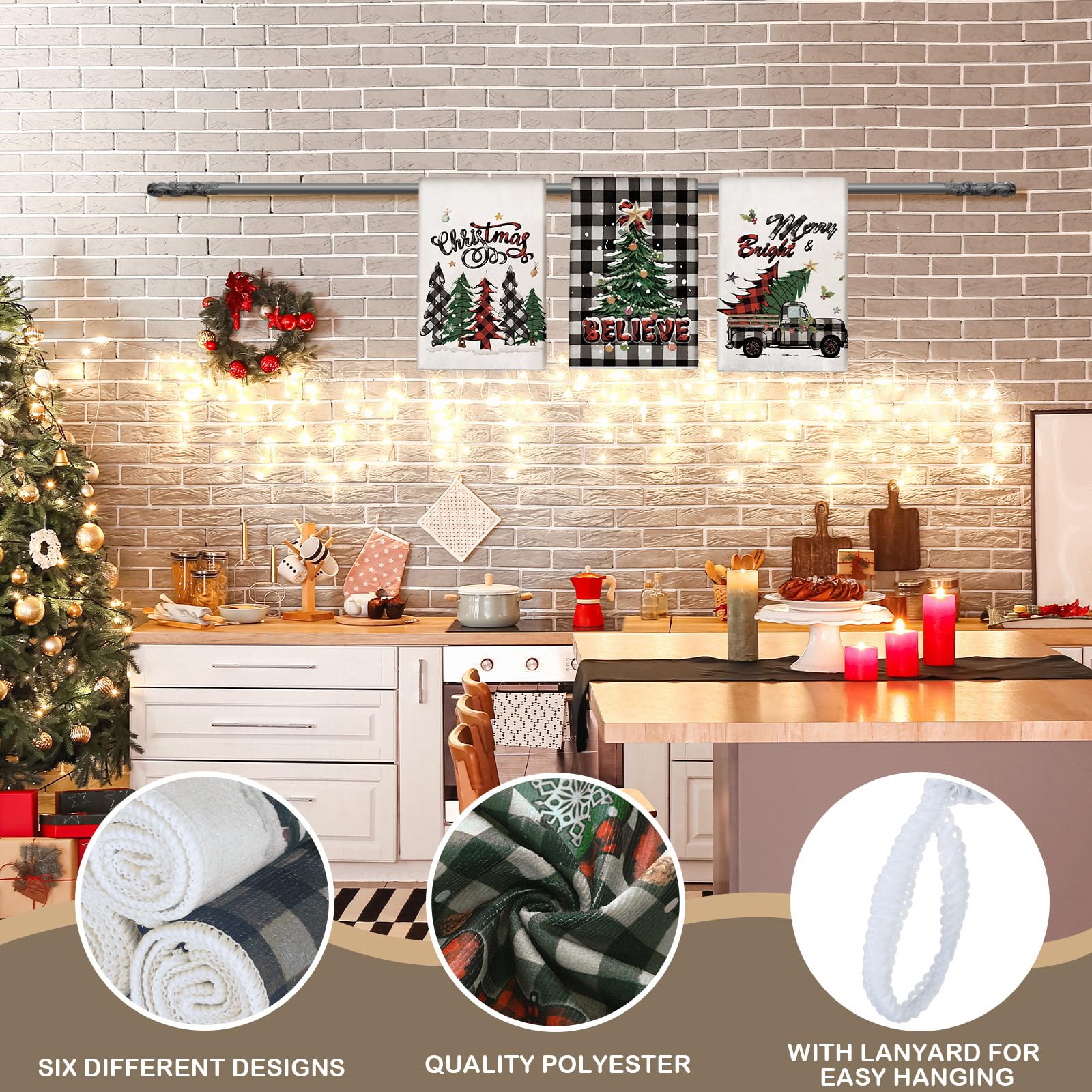 Hosuly 6 Pcs Christmas Kitchen Towels Black White Buffalo Plaid Dish Clothes Christmas Vintage Tea Towels Plaid Gnome Truck Xmas