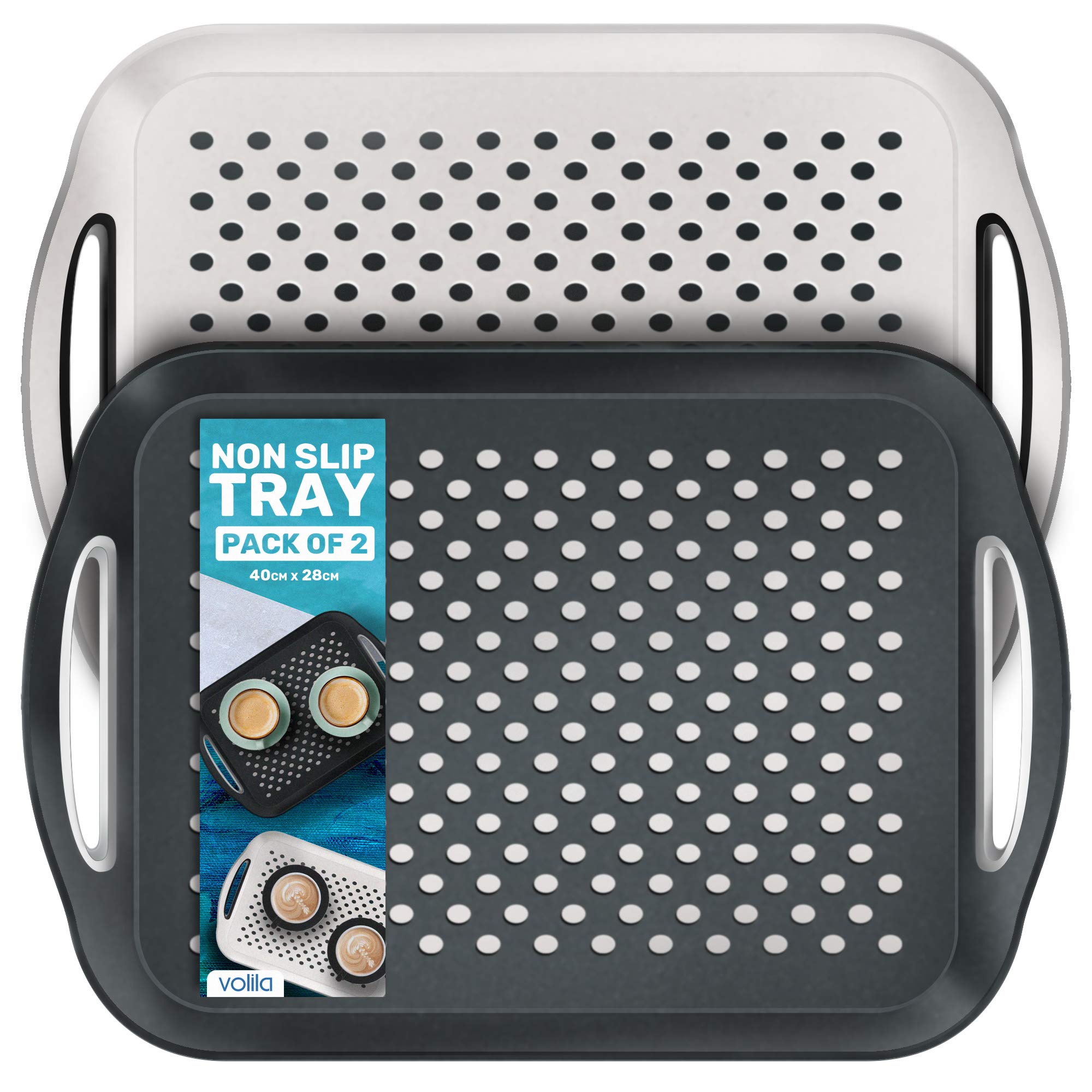 Volila Food Trays For Eating - 2 Pack Black And White Non Slip Tray For Serving Drinks And Snacks - 41Cm X 29Cm Plastic Carrying