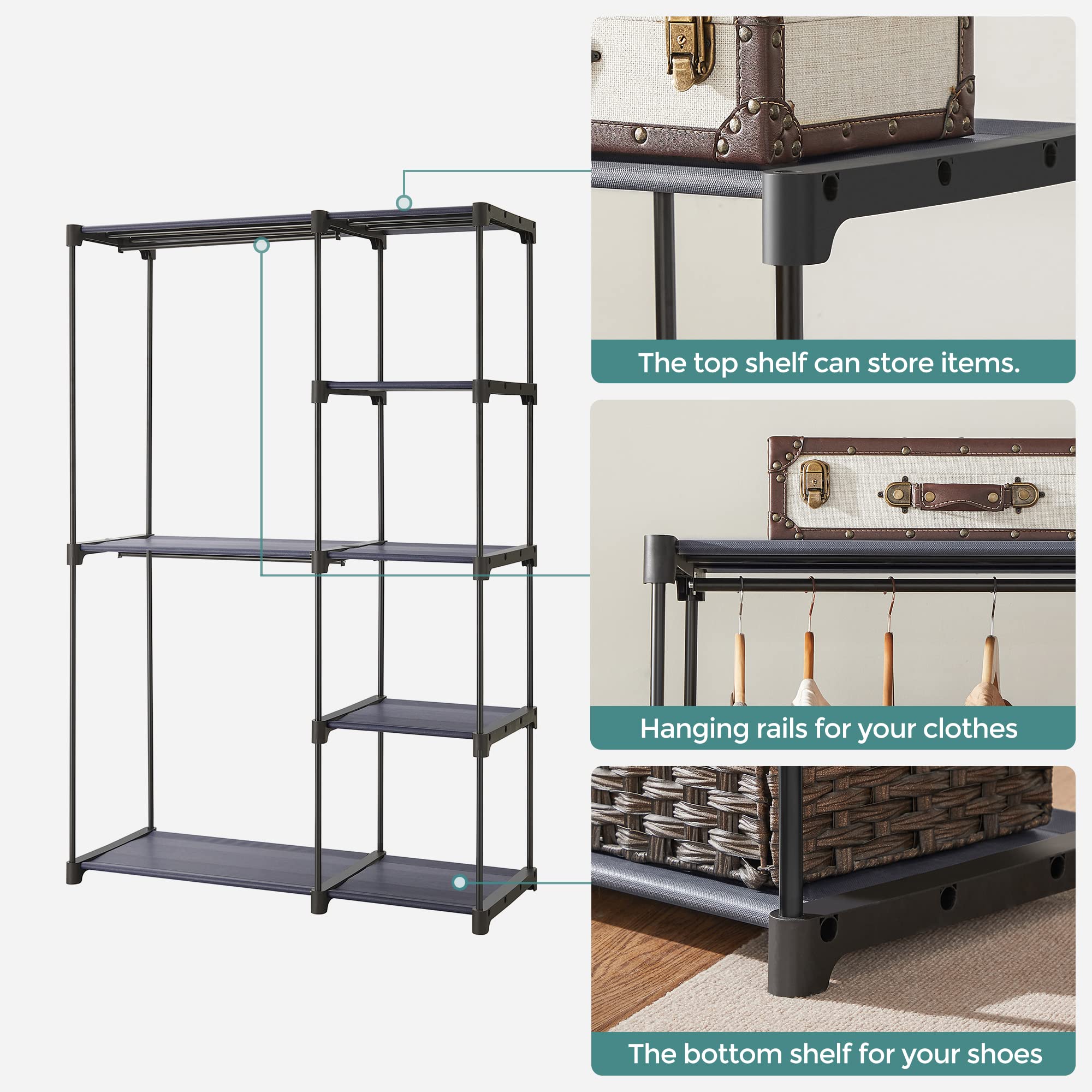 Songmics Freestanding Closet Organizer, Portable Wardrobe With 2 Hanging Rods, Clothes Rack, Storage Organizer, Cloakroom, Stabl