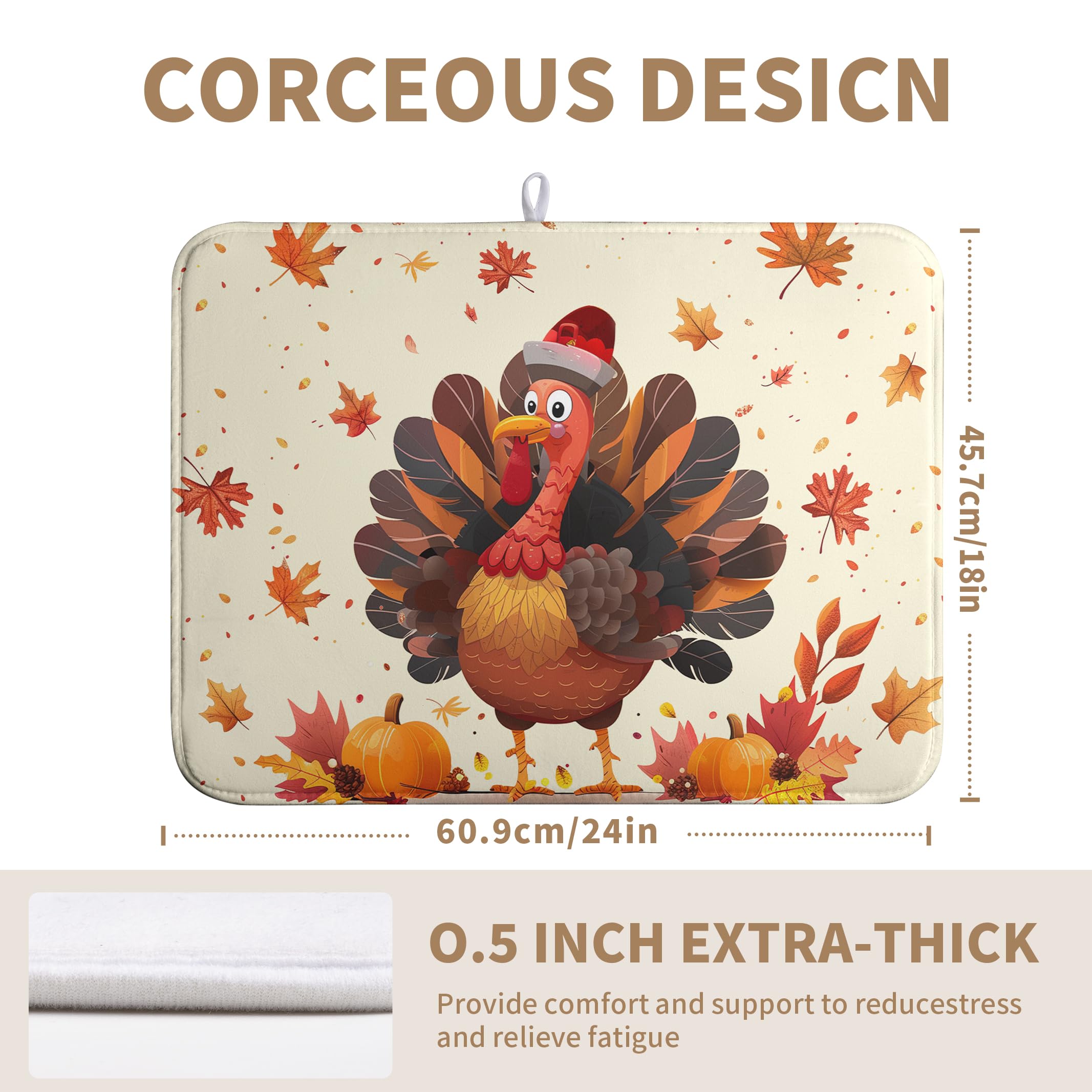 Happy Thanksgiving Dish Drying Mats for Kitchen Counter Autumn Fall Turkey Maple Leaves Pumpkin Drying Mat 18 x 24 Inch Microfib