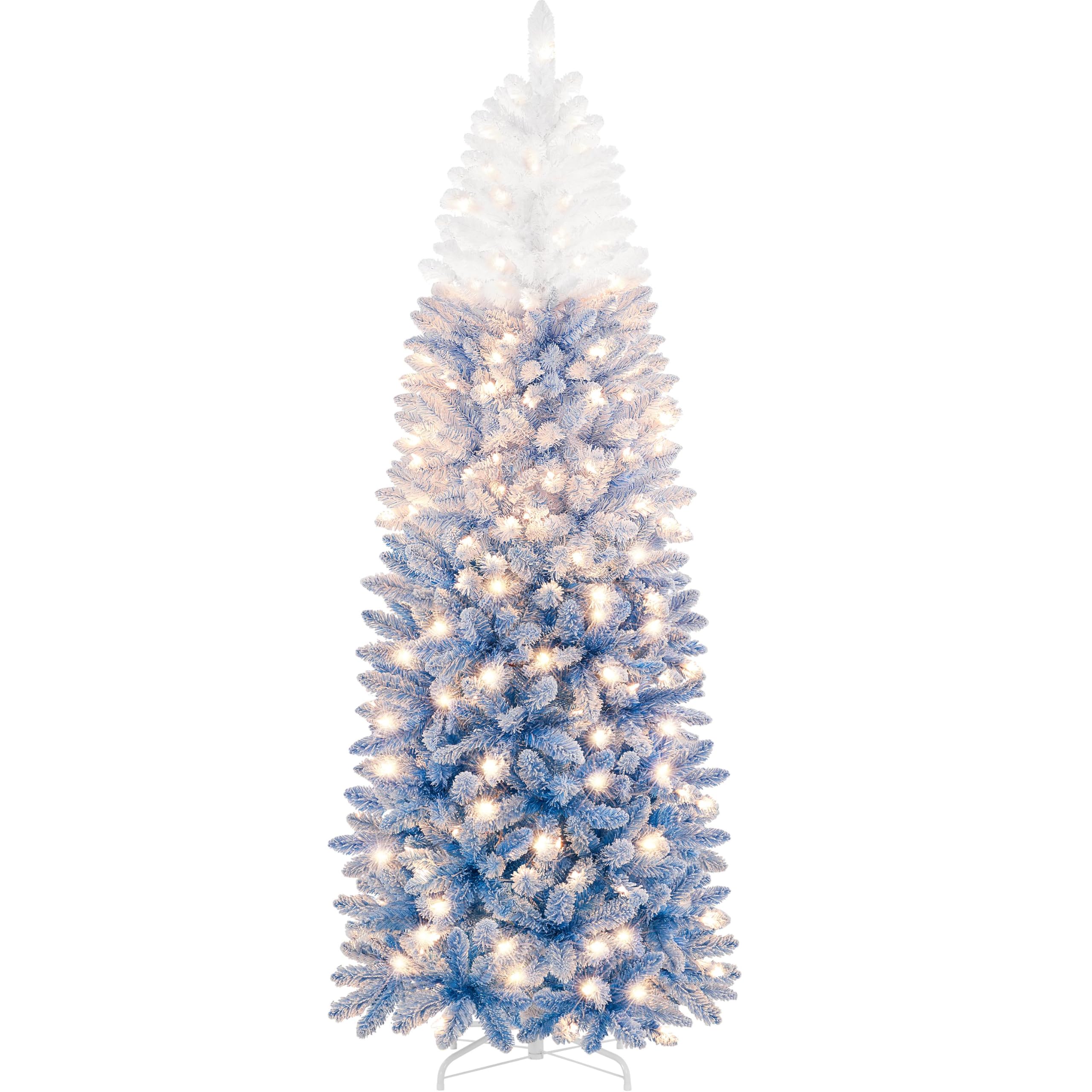 Yaheetech 7.5ft Pre-lit Snow Flocked Pencil Christmas Tree Kingswood Fir Hinged Slim Skinny Corner Xmas Tree with 350 Incandesce