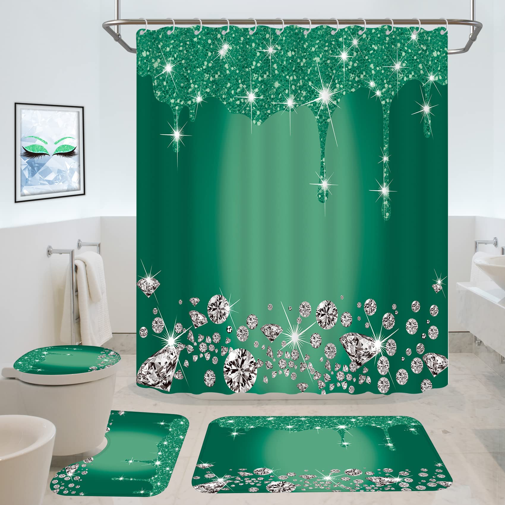 4 Pcs Glitter Diamond Shower Curtain Sets, Deep Green Shiny Drips Bath Decor With Rug And Toilet Lid Cover, Emerald Green Luxury