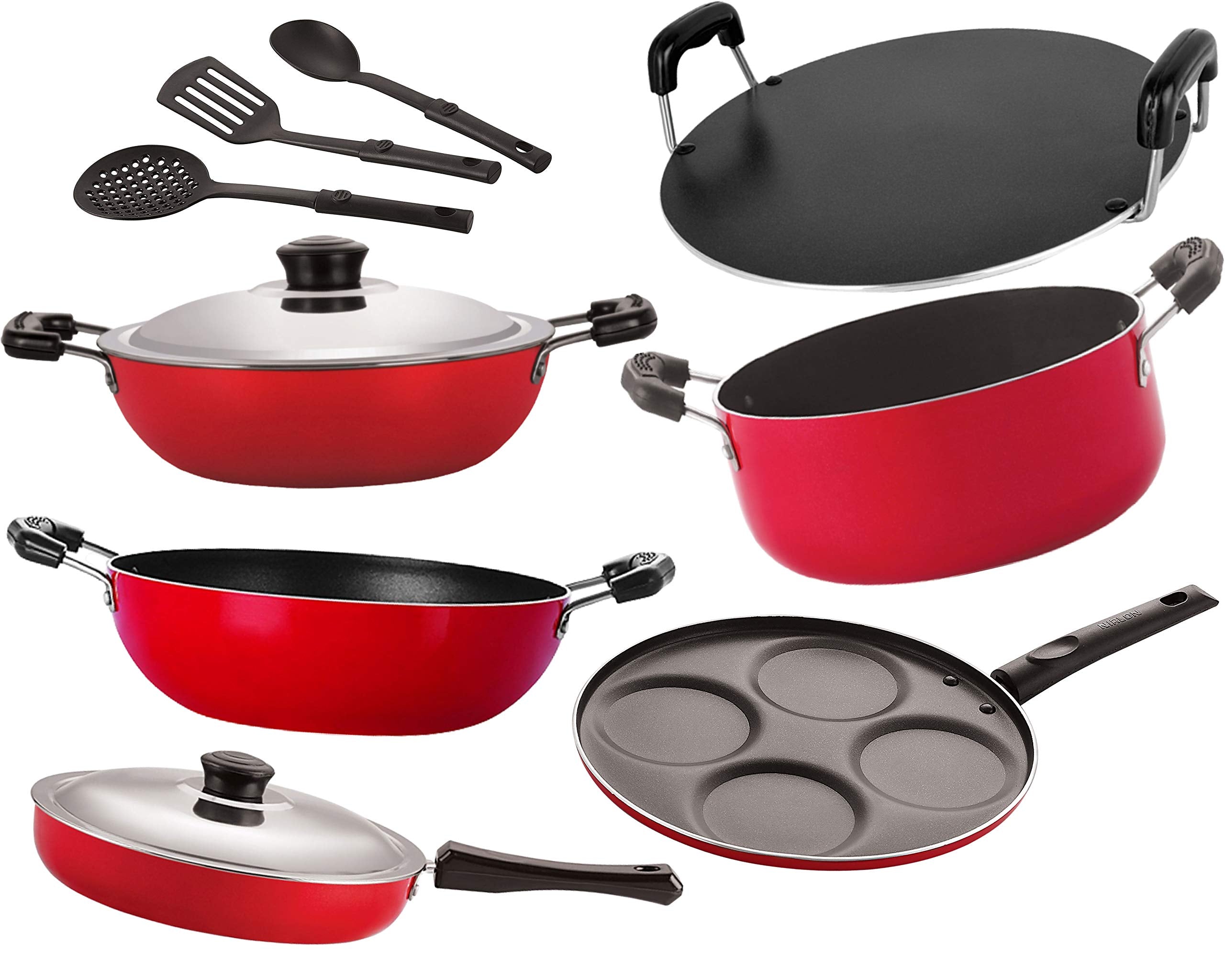 Nirlon NonStick Aluminium Cookware Set 9Piece, Gas Stove Compatible [26_Fp12_Kd13_Dkdb_Rt_Cass20_Up4_3Spn]